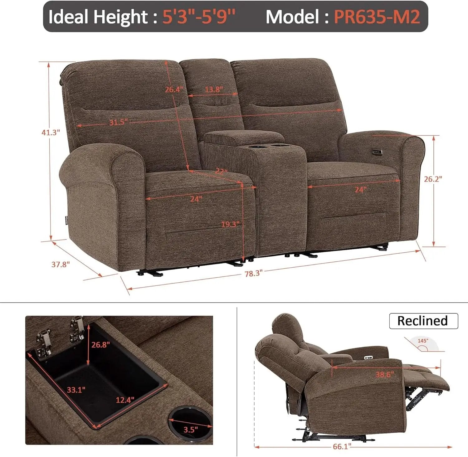 78 Inch Wall Hugger Power Loveseat USB Ports Dark Brown from PriceLows™