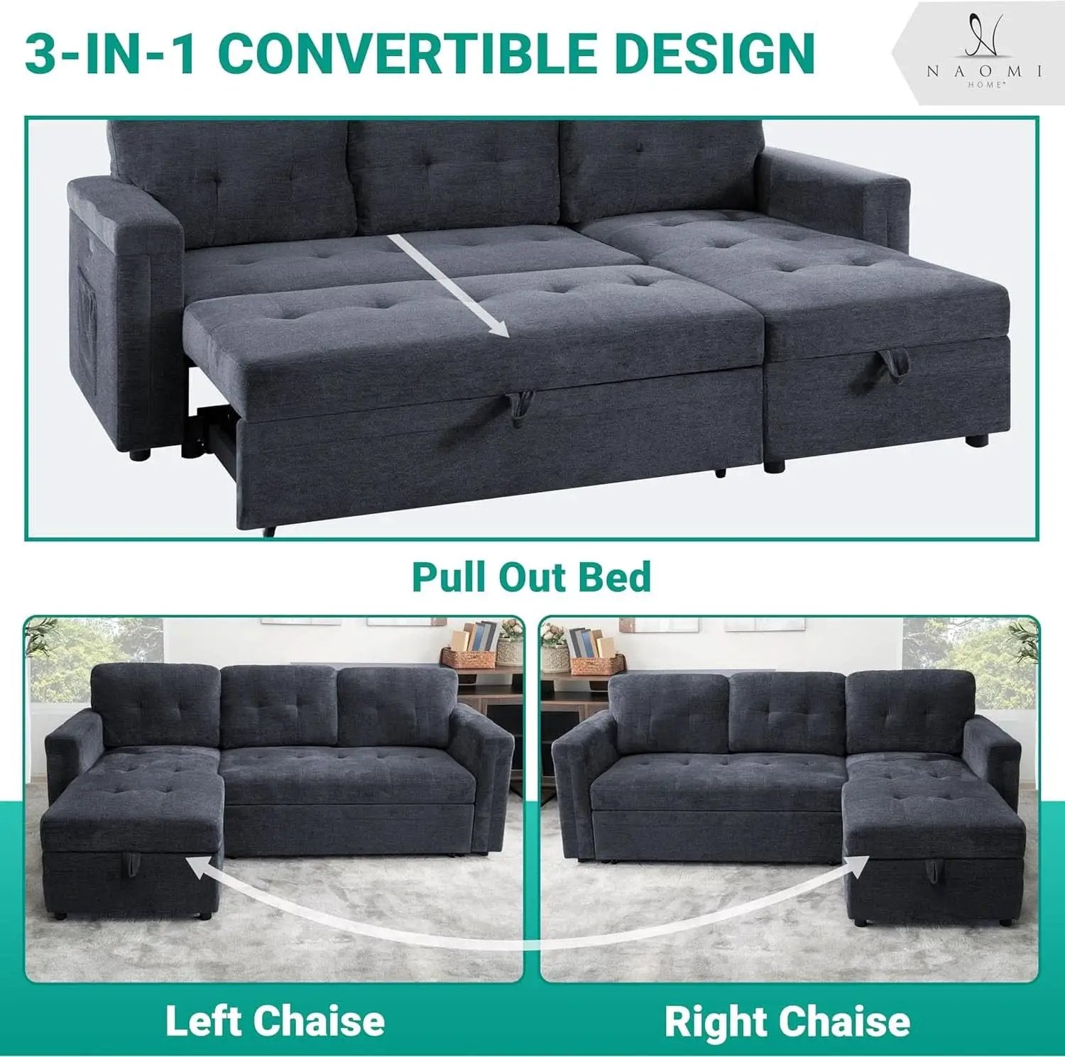 Gray Microfiber L Shape Sleeper Sofa With USB Ports Storage from PriceLows™