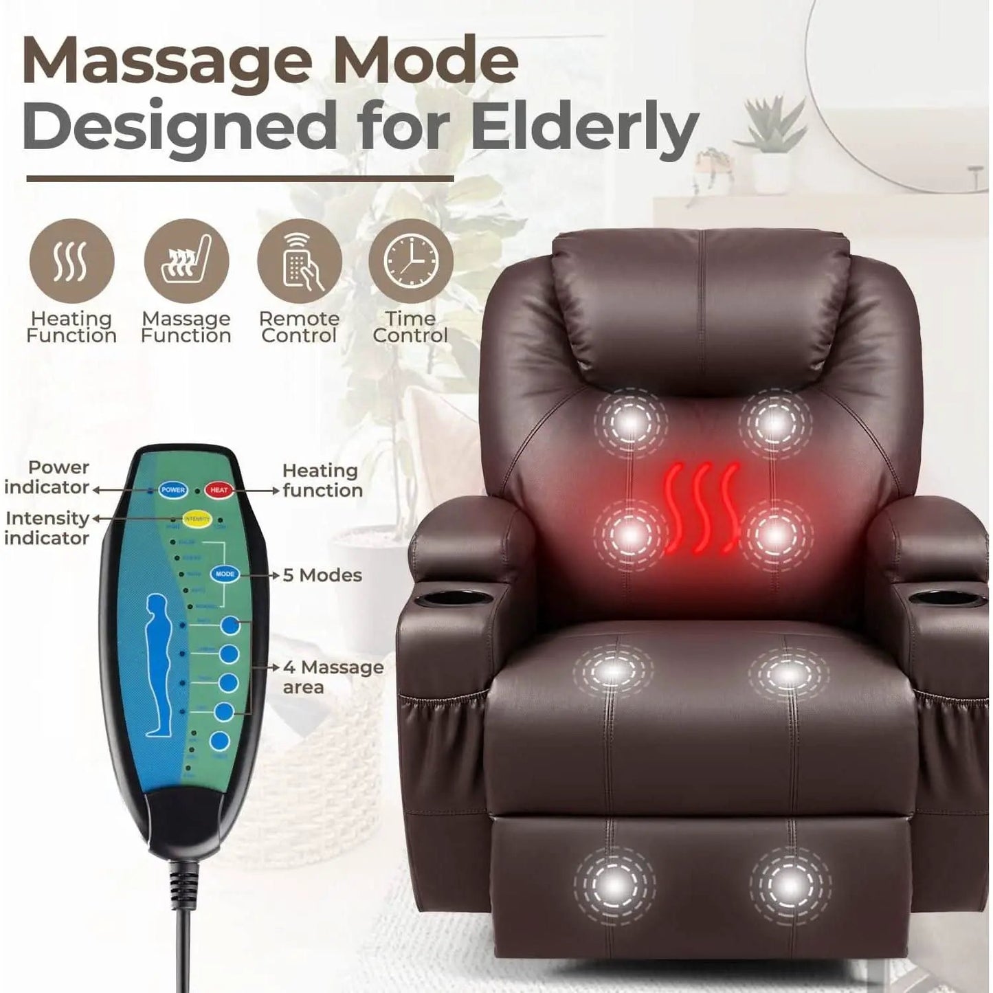 PU Leather Recliner Chair With Massage And Heat Brown from PriceLows™