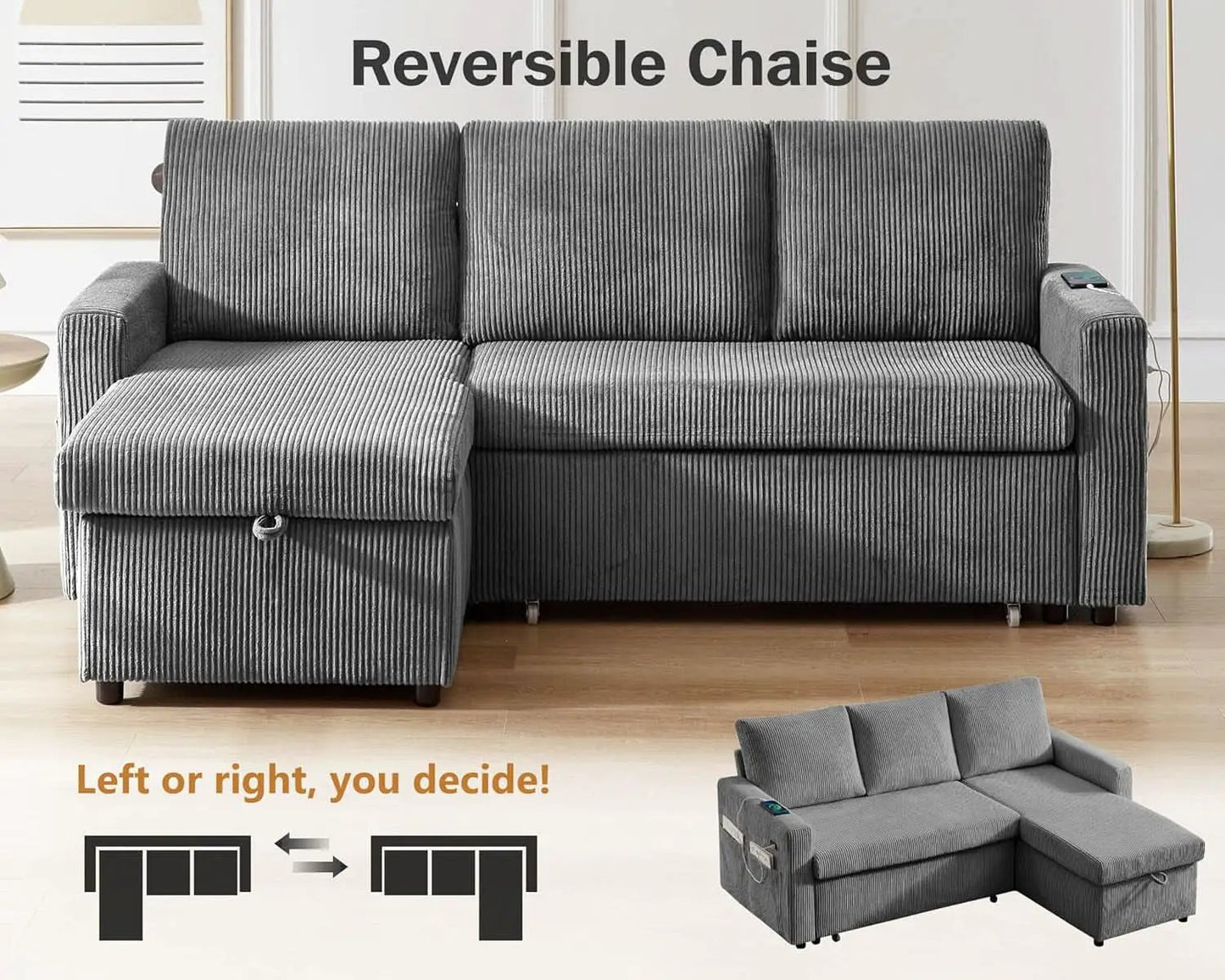 81 Inch Corduroy Velvet GreyTone Sleeper Sofa Pullout from PriceLows™