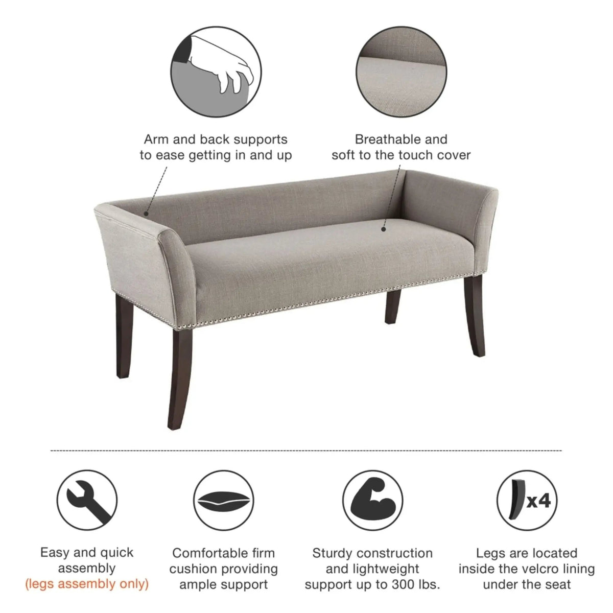 Upholstered Bench | Solid Wood Frame | Low Back And Flared Arms | Nailhead Trim