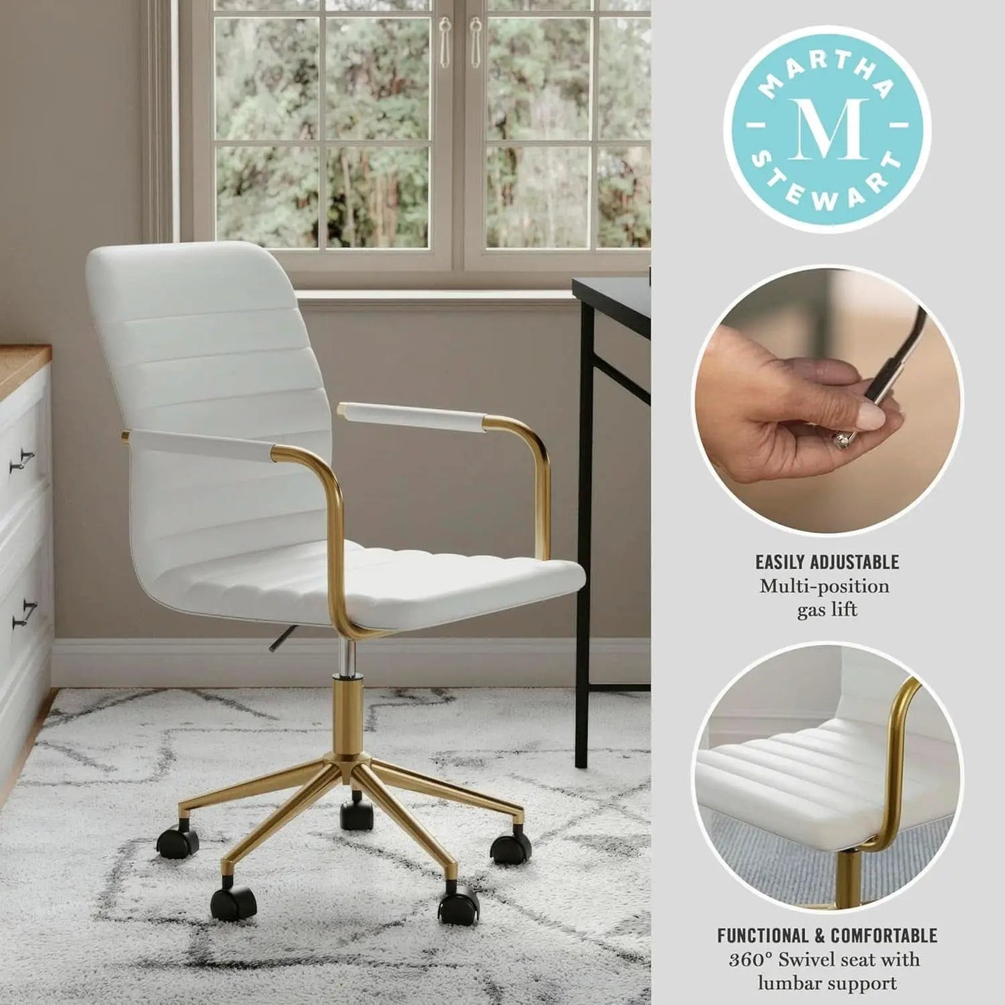 Taytum Swivel Task Chair White Faux Leather Brass Frame from PriceLows™