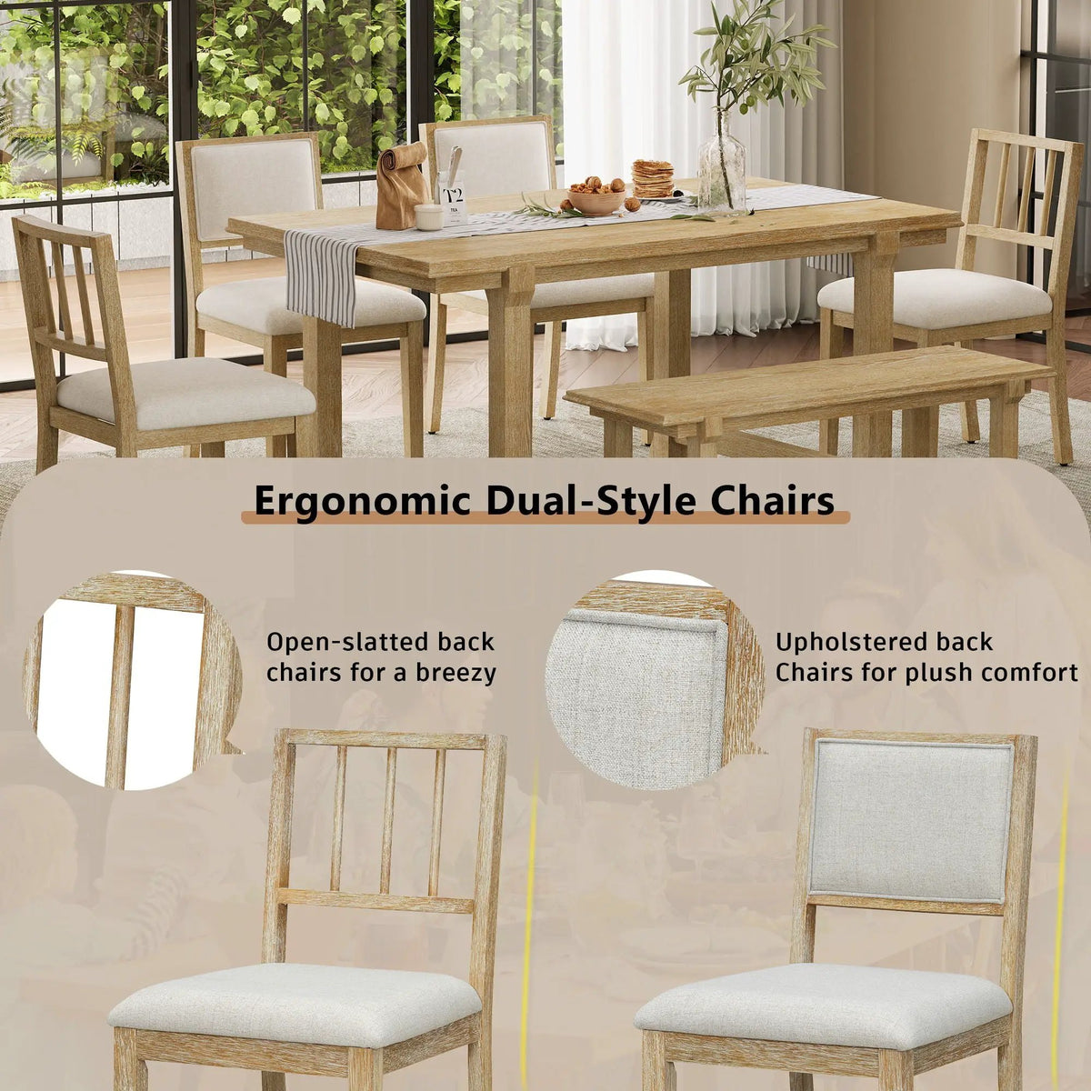 6 Piece Dining Set | Solid Rubber Wood | 4 Slat 2 Upholstered