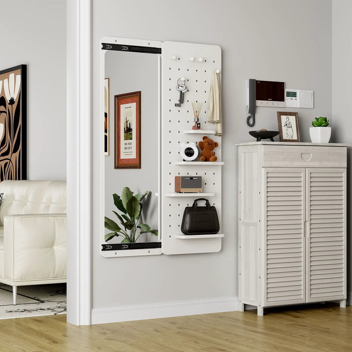 Wall Mounted Full Length Mirror | Shelf And Hook | Solid Rubber Wood | Push-Pull Removable Panel