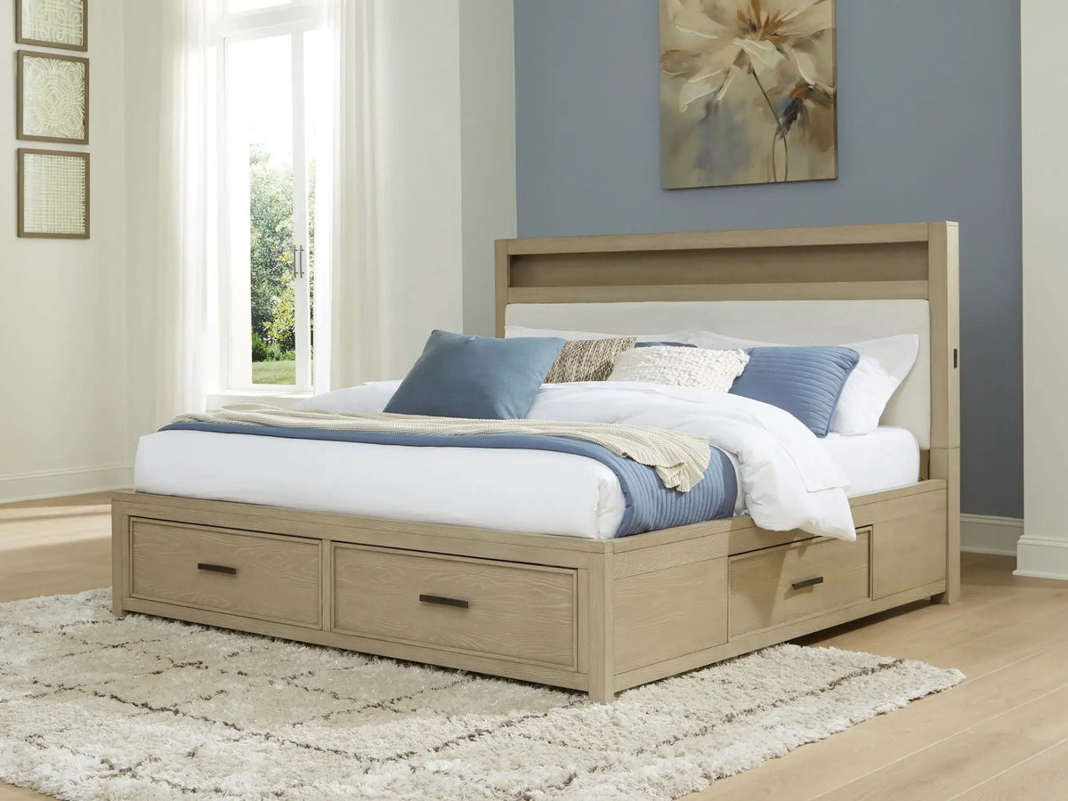Calmoro Bookcase Storage Bed | Upholstered Panel Headboard | Gray Wash Finish | Warm Undertones