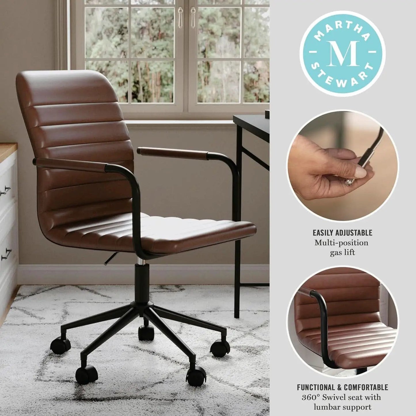 Saddle Brown Faux Leather Swivel Task Chair With Armrests from PriceLows™