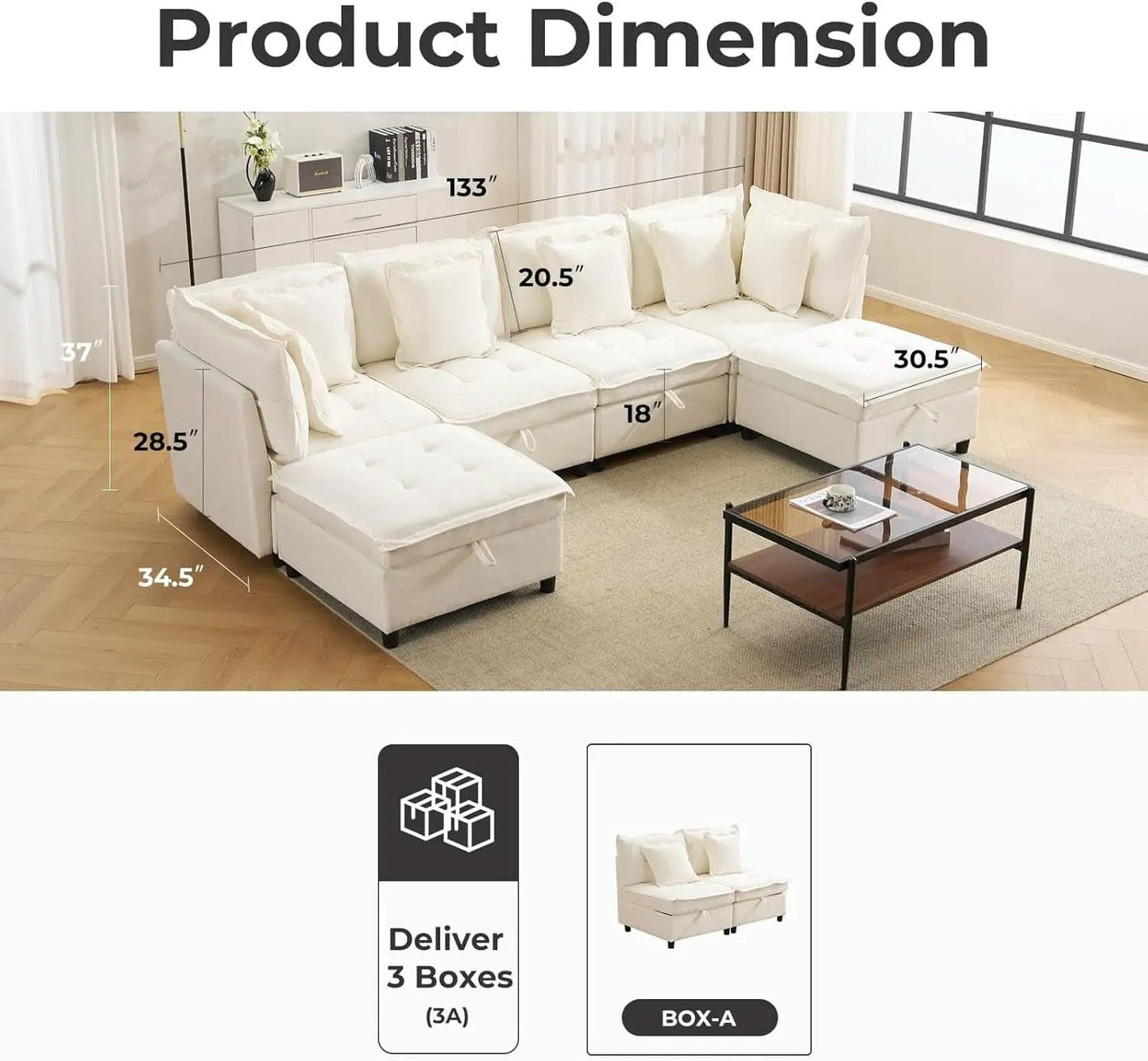 White OneThirtyThreeInch Modular Sectional Sofa Hidden Storage from PriceLows™