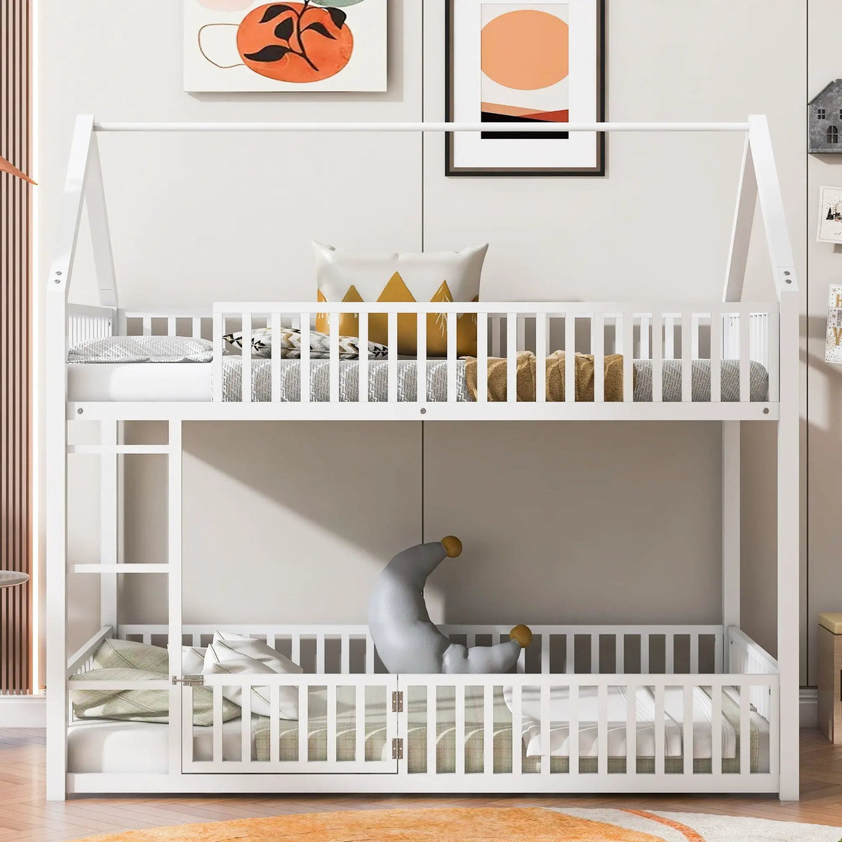 Metal House Bunk Bed | Twin Size | With Fence and Built-In Door