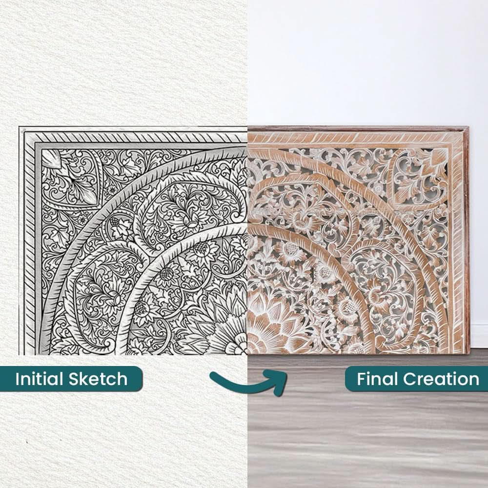 Handcrafted White-Wash Wooden Queen Headboard with Carved Design from PriceLows™