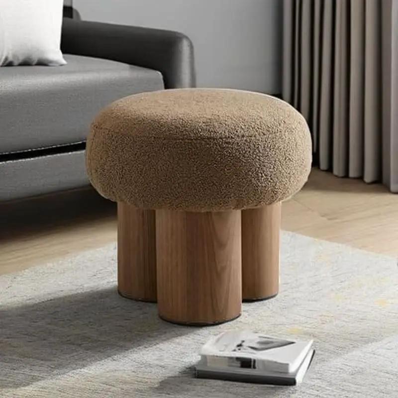 Compact Round Footstool Ottoman Brown Teddy Fabric from PriceLows™