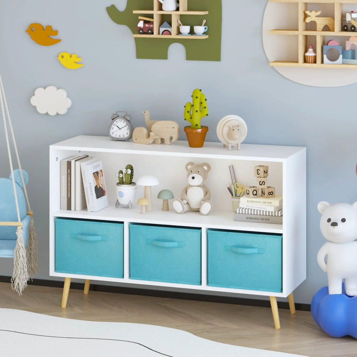 Bookcase | 3 Fabric Drawers | Tip Resistant Frame | White And Blue