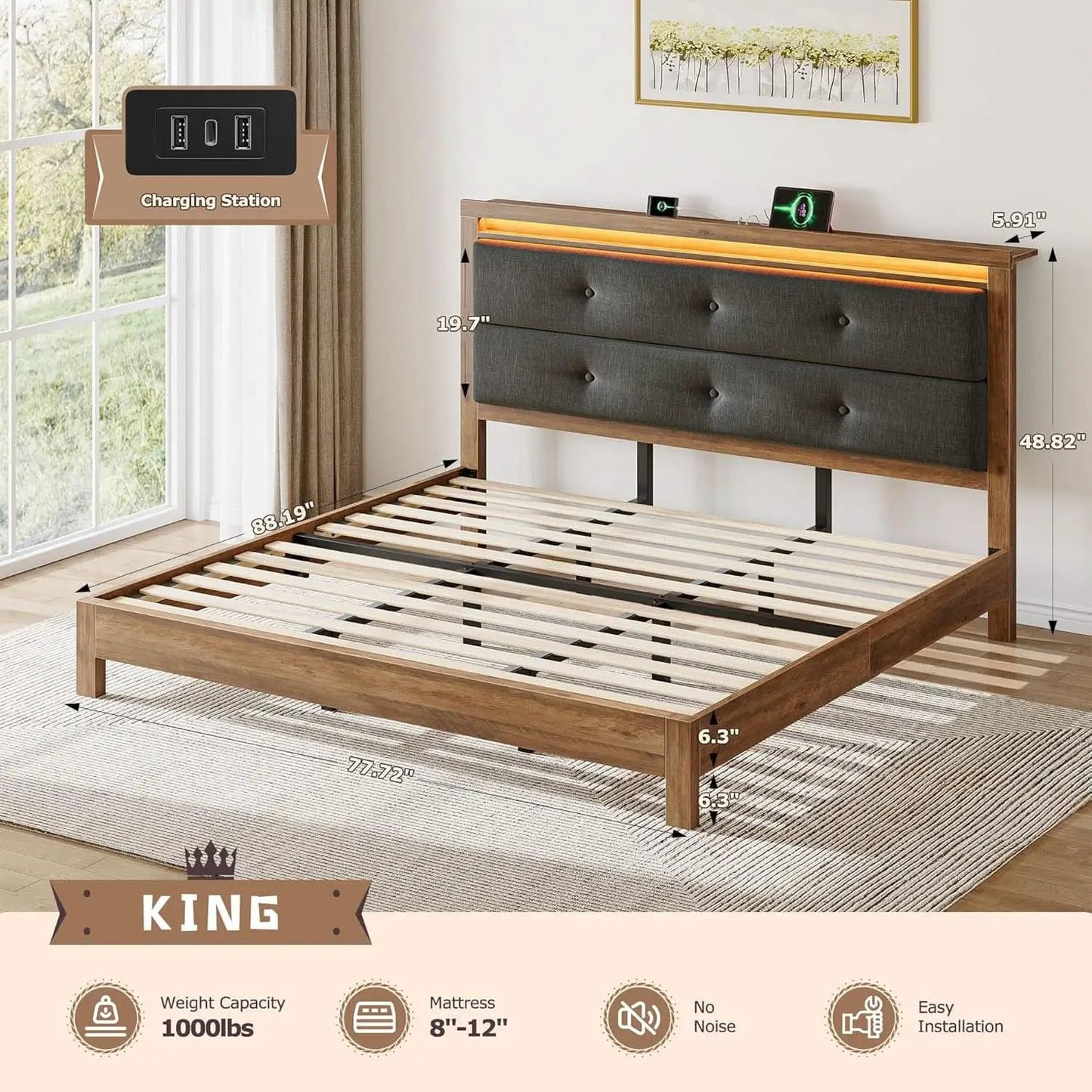 King Size Bed Frame With Integrated Charging Station from PriceLows™