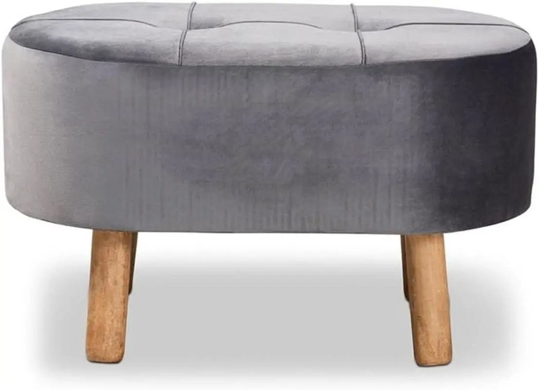 Greyish Velvety Upholstered Wood Ottoman Mid Century from PriceLows™