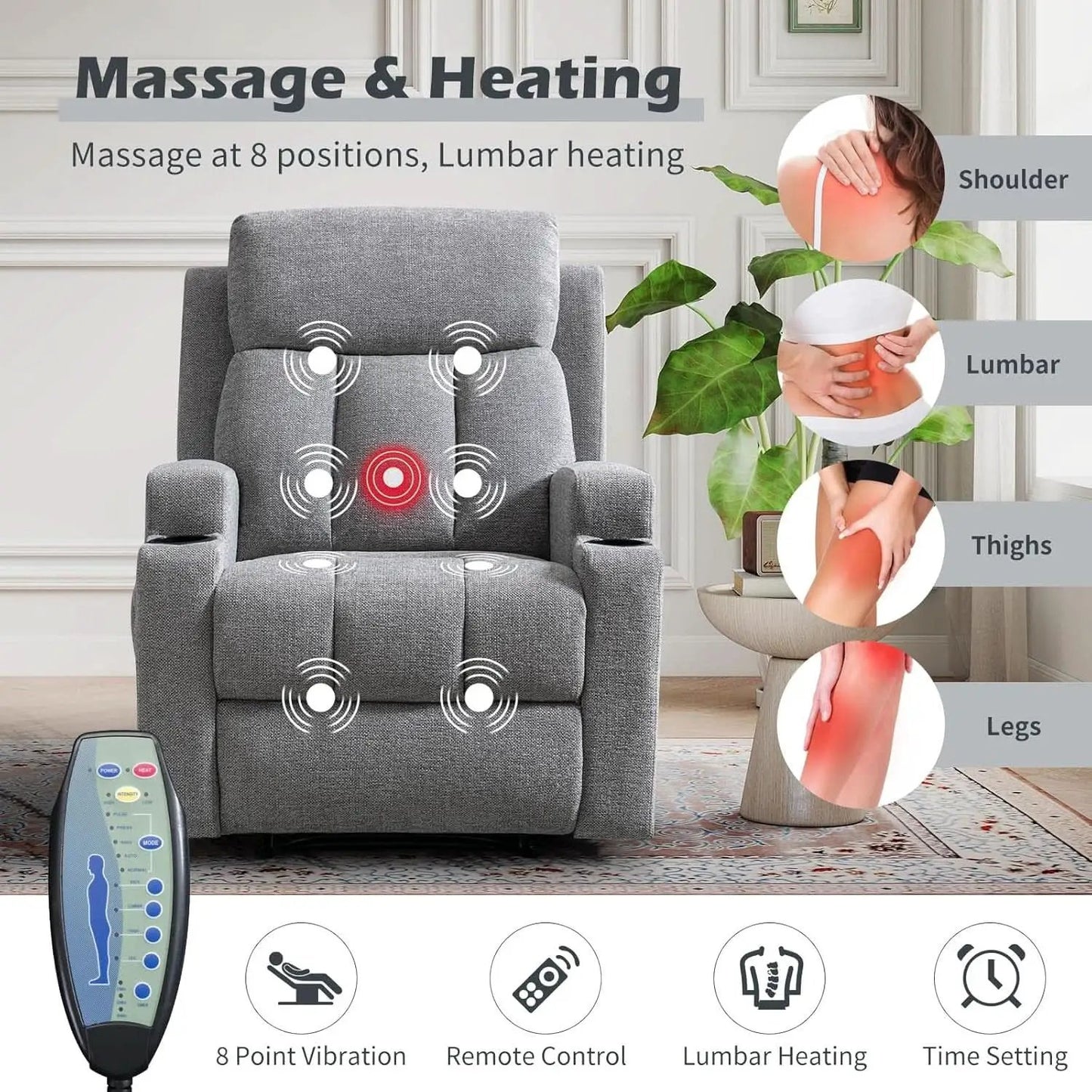 Light Grey Upholstered Manual Recliner With Massage from PriceLows™
