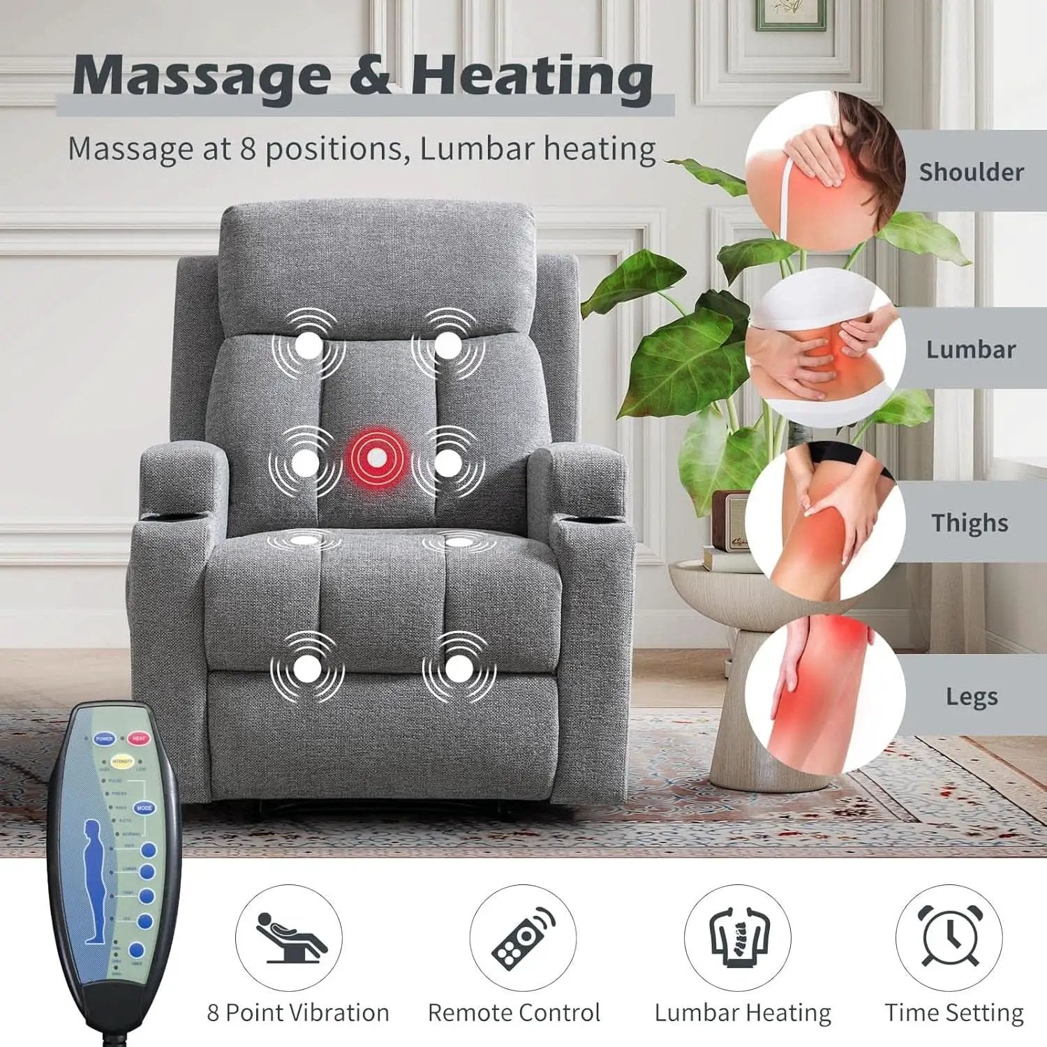 Light Grey Upholstered Manual Recliner With Massage from PriceLows™