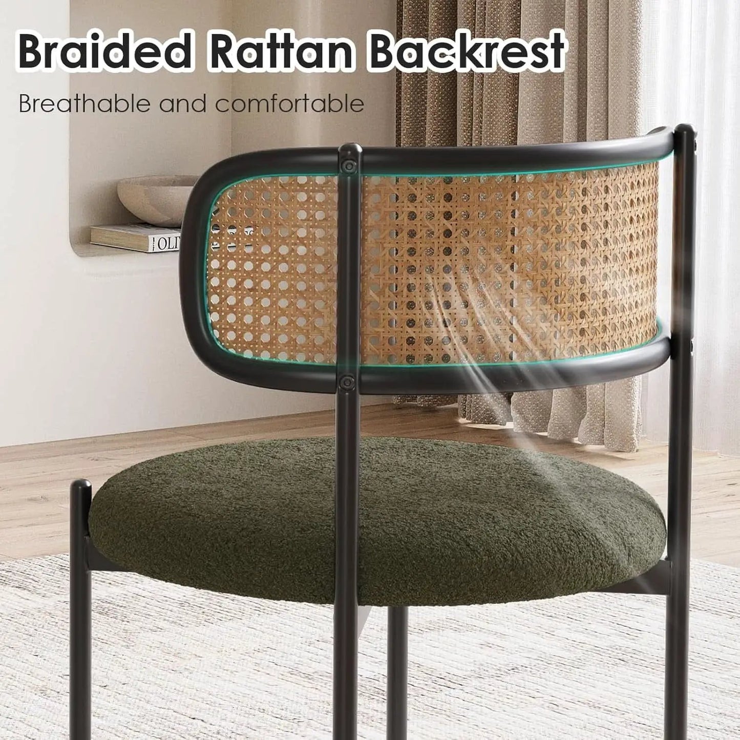 Green Rattan Backrest Mid Century Dining Chairs Set Of 2 from PriceLows™