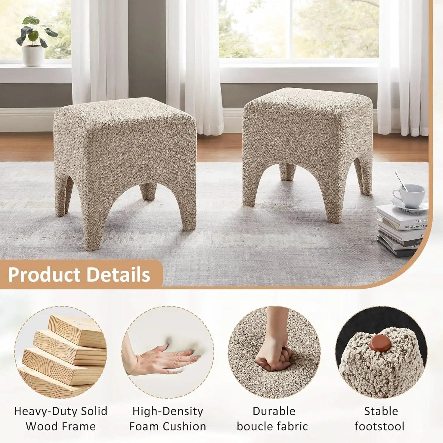 17-Inch Camel Boucle Upholstered Square Ottoman Footstool from PriceLows™