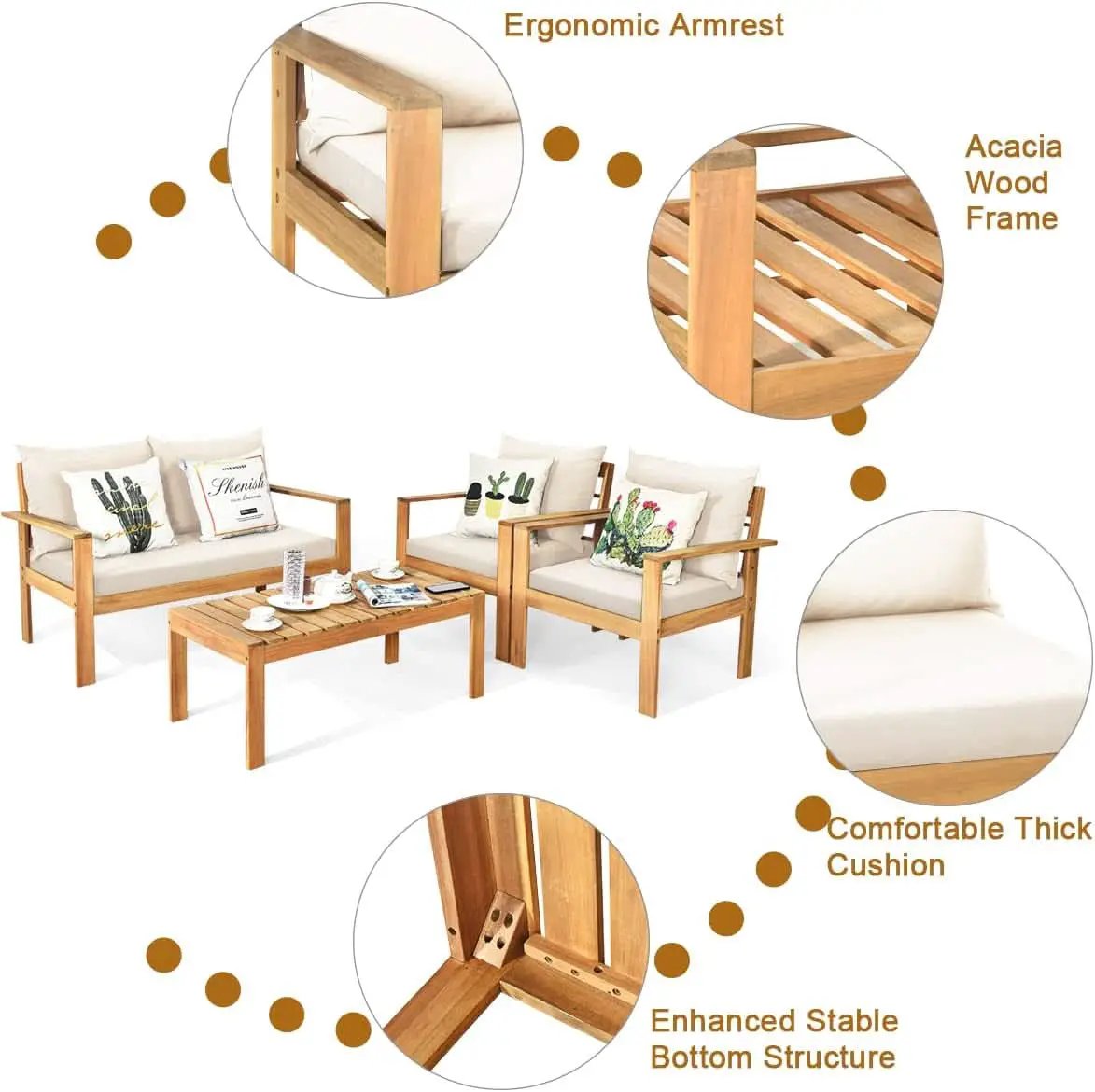 Outdoor Acacia Wood 4-Piece Chat Set Teak Finish Cushions from PriceLows™