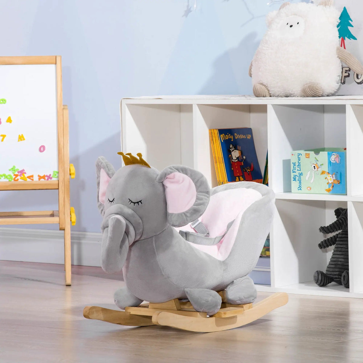 Qaba Elephant Rocking Horse | Toddler Rocker Toy | Sound Effects | Wooden Base Safety Belt