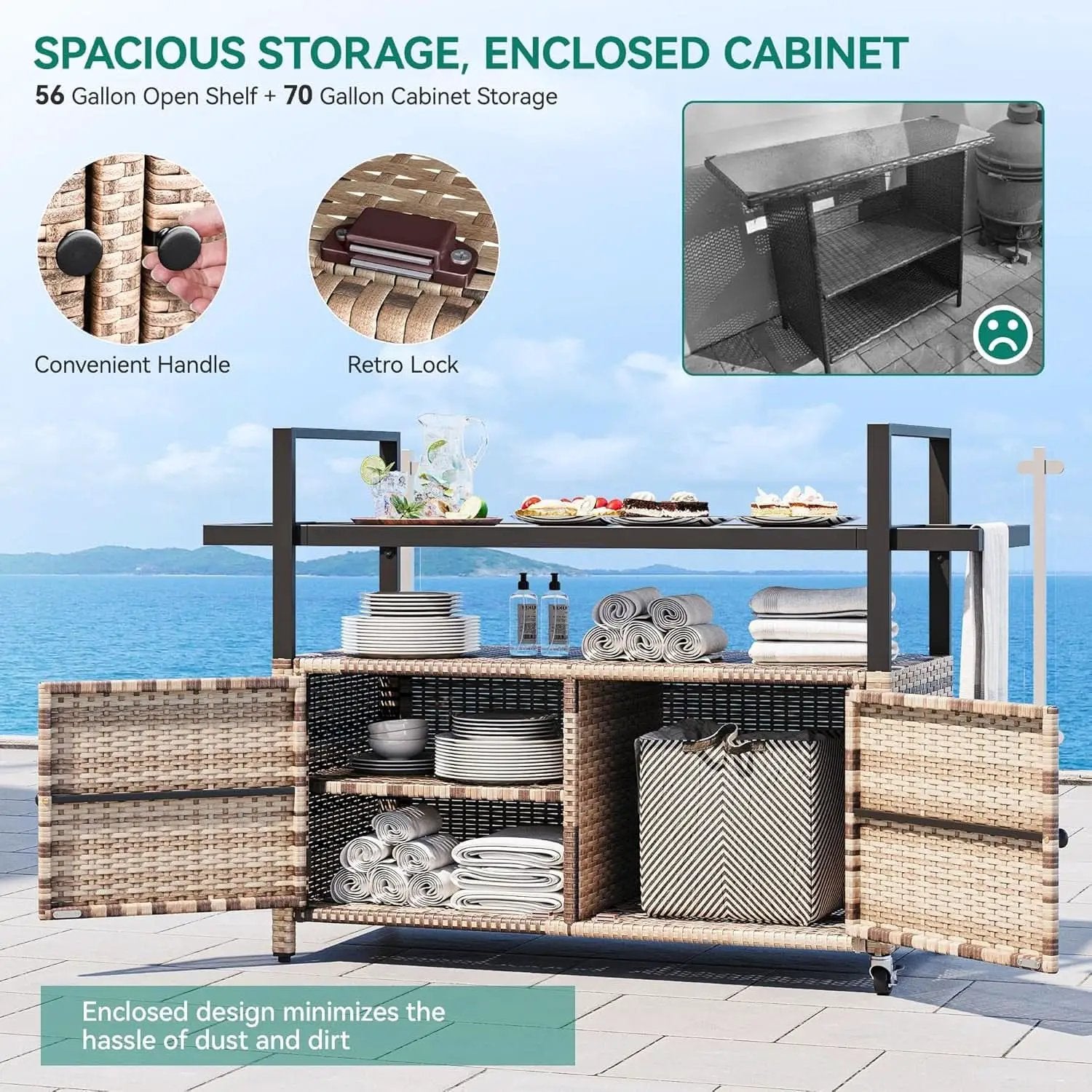 Large Outdoor Kitchen Rolling Cart With Black Glass Top from PriceLows™