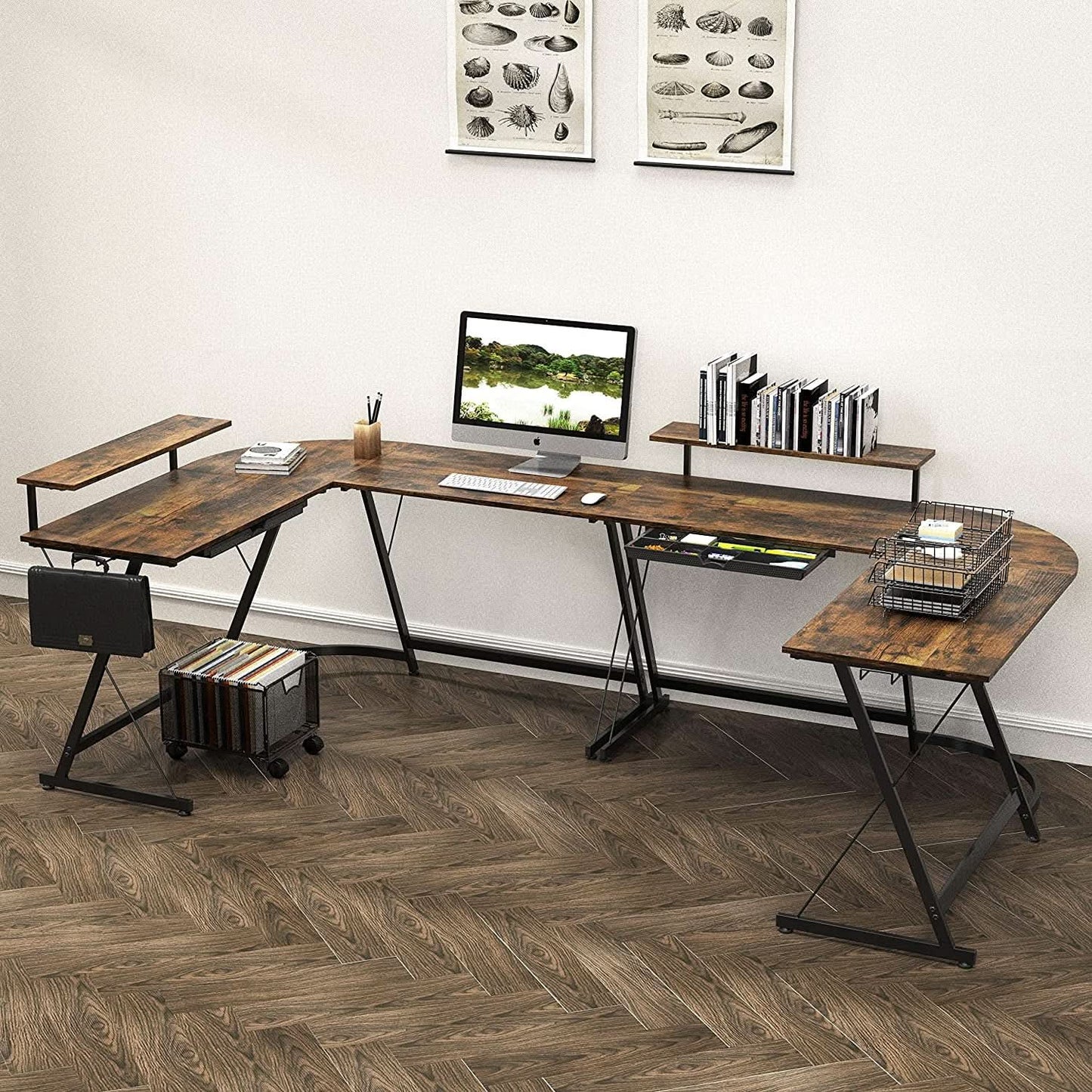 Vista Rustic Brown L Shaped Desk With Monitor Stand from PriceLows™