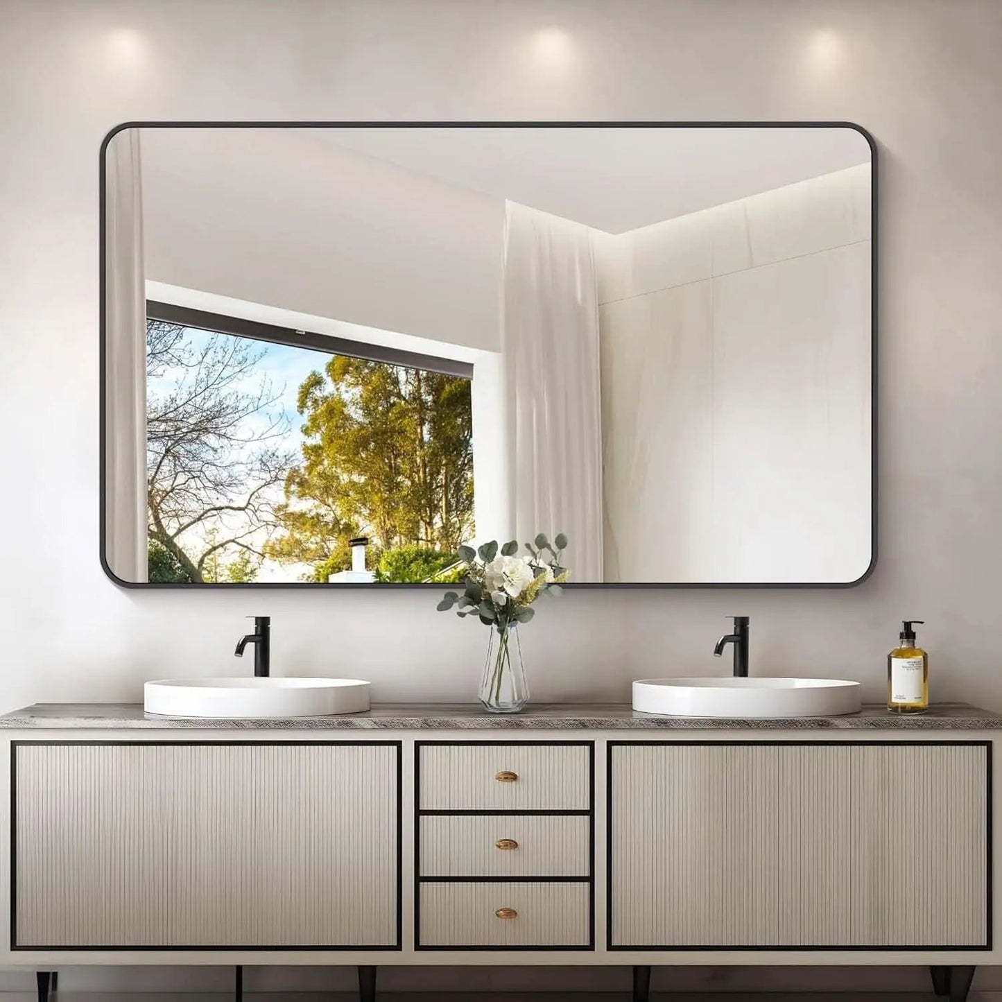60x36 Inch Matte Black Bathroom Mirror With Metal Frame from PriceLows™