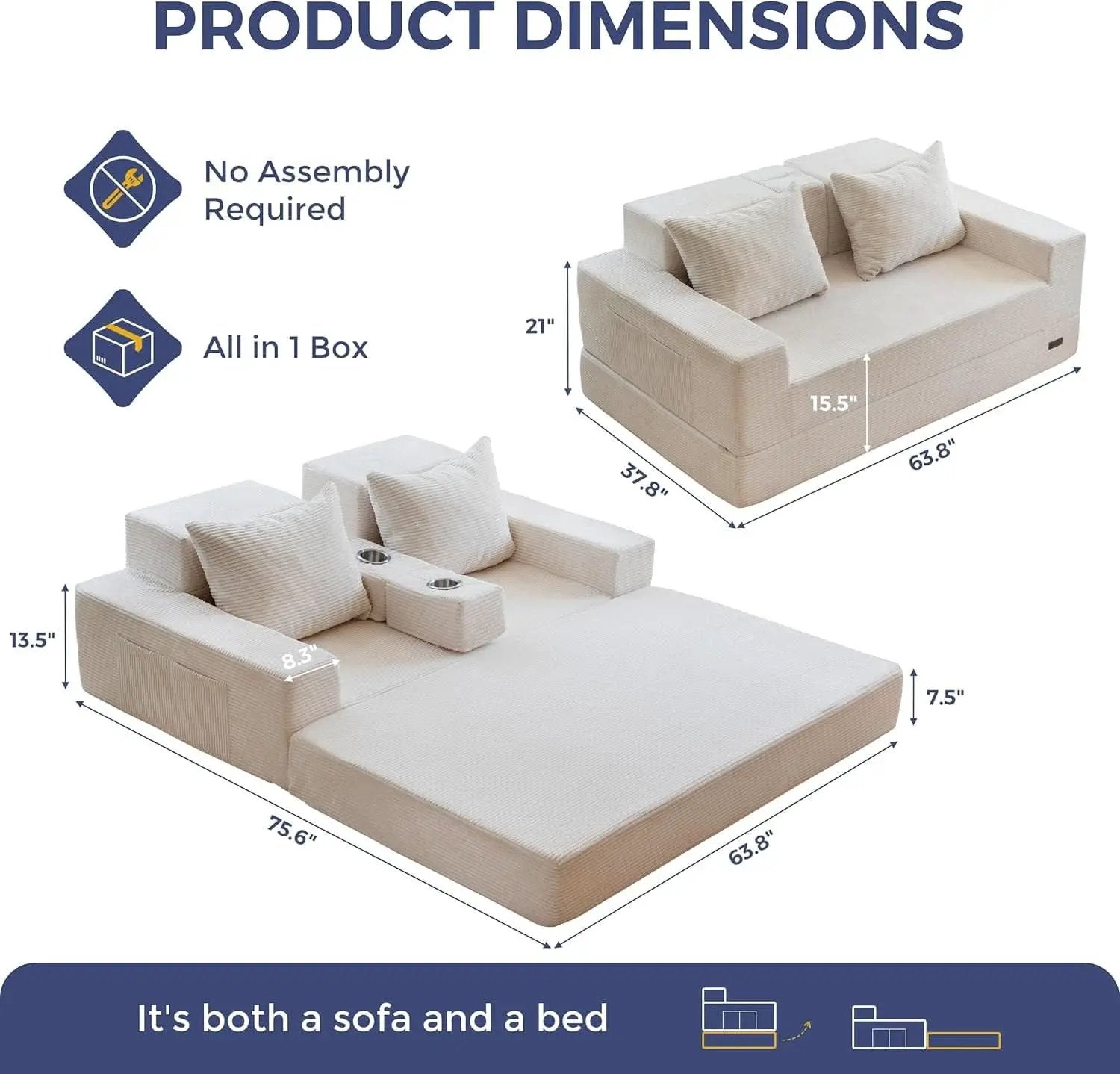 Beige Foldable Convertible Sleeper Sofa With CupHolders from PriceLows™