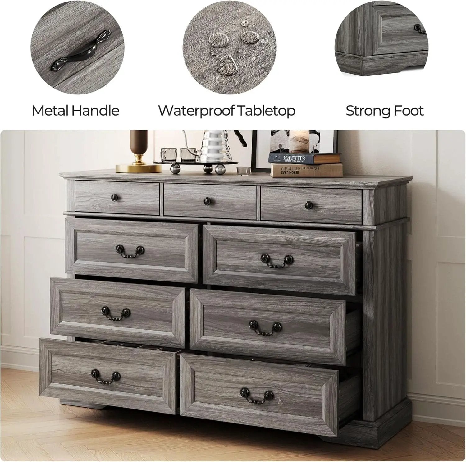 Grey 9-Drawer SolidWood Dresser For Bedroom Storage from PriceLows™