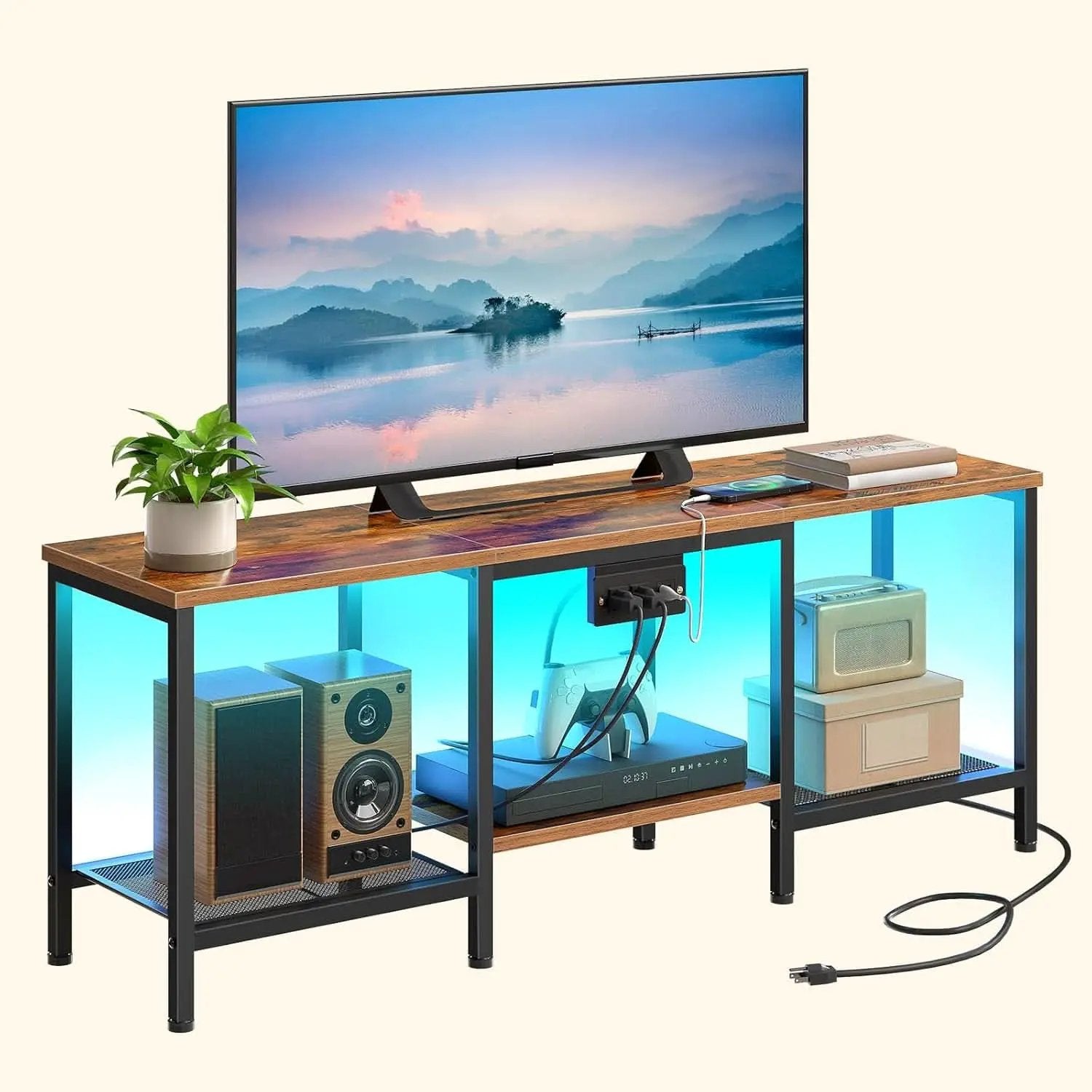 Rustic Brown And Black LED TV Stand With Charging Station Up To 55 Inches from PriceLows™