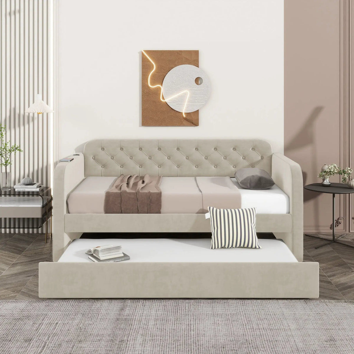 Upholstered Daybed With Trundle And USB Charging Design | 2 Pieces | Fabric | Bedroom