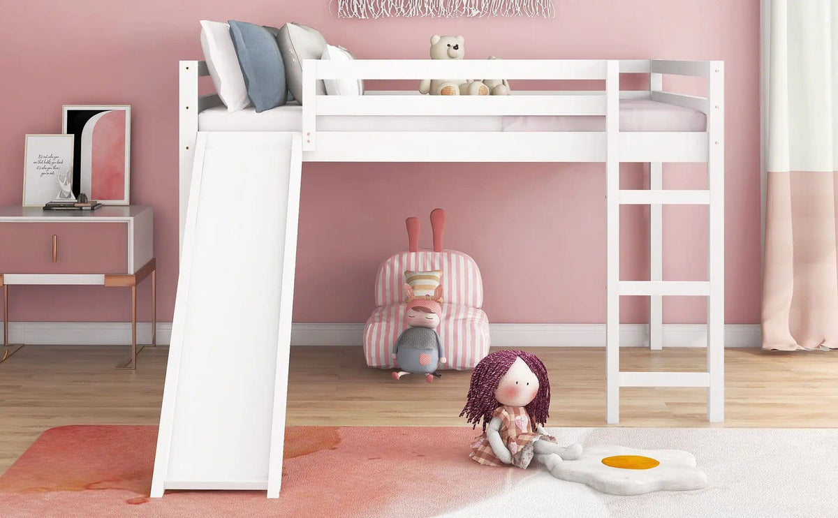 Full Loft Bed With Slide, Multifunctional Design - | 77.4 x 57.2 x 49.2 in | Pine Wood | White