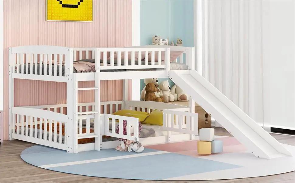 Low Bunk Bed With Slide | Fence And Ladder | Built-In Play Area | Kids Bedroom