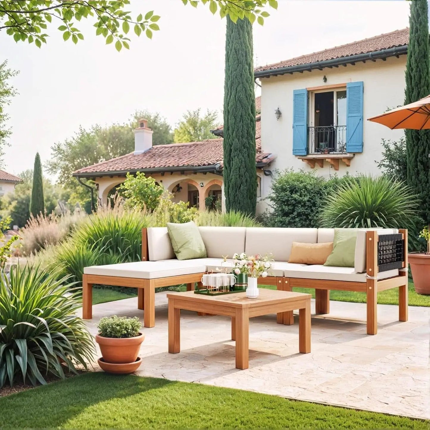 Acacia Wood Outdoor Sectional Sofa Set with Cushions from PriceLows™