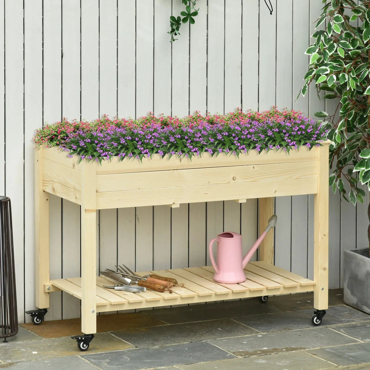 Outsunny Raised Garden Bed | 47 x 22 x 33 Inch | Lockable Wheels | 2-Tier Storage Shelf