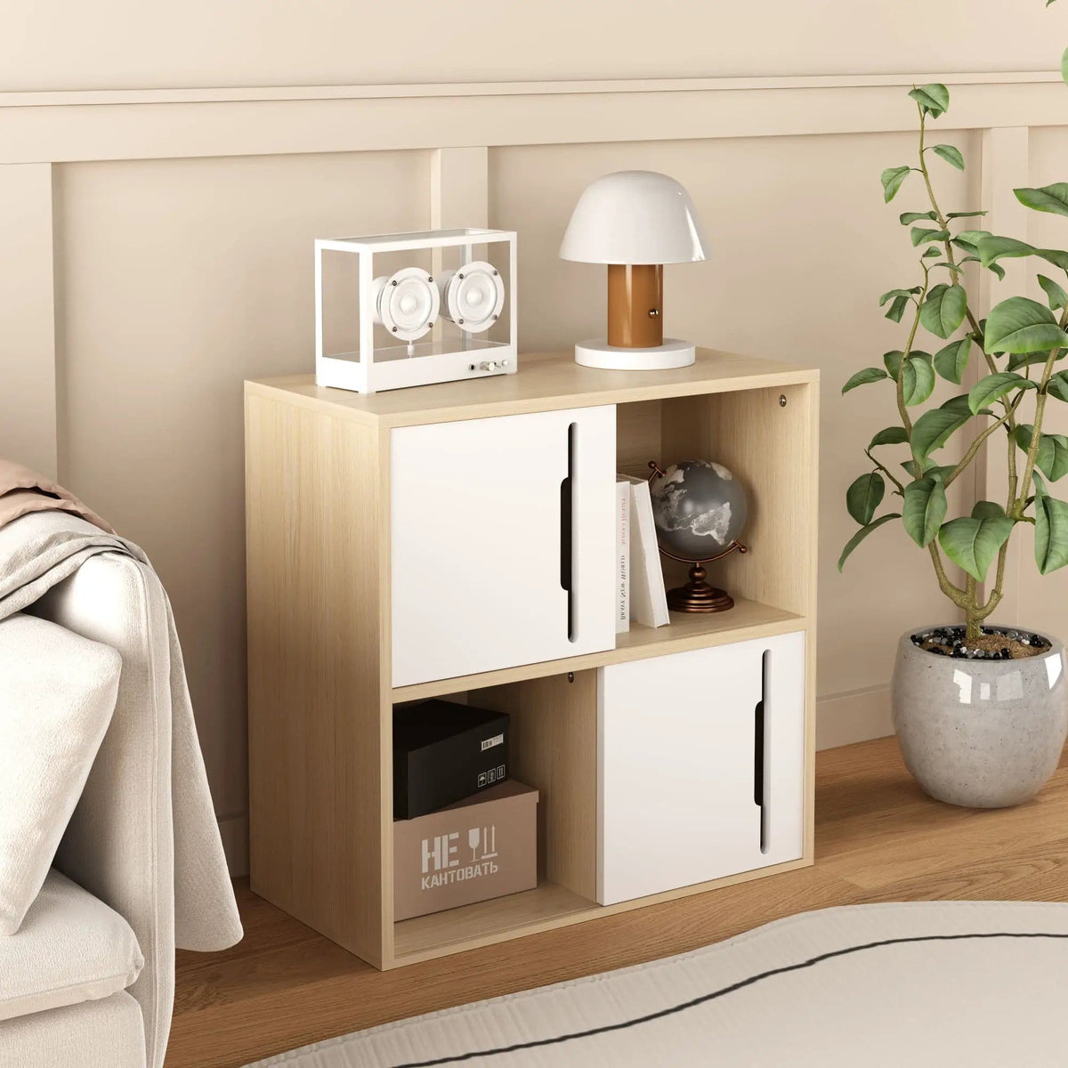 Storage Cabinet With Sliding Doors, 2 Tier Open And Closed Shelves Organizer Natural | 23.62 x 11.81 x 23.62 in | Mdf & Wood | White