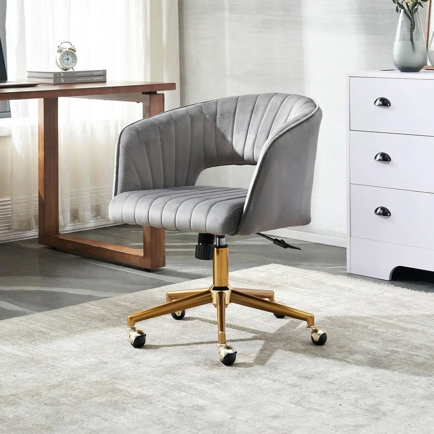 Grey Velvet Home Office Chair With 360 Swivel And Gold Base from PriceLows™