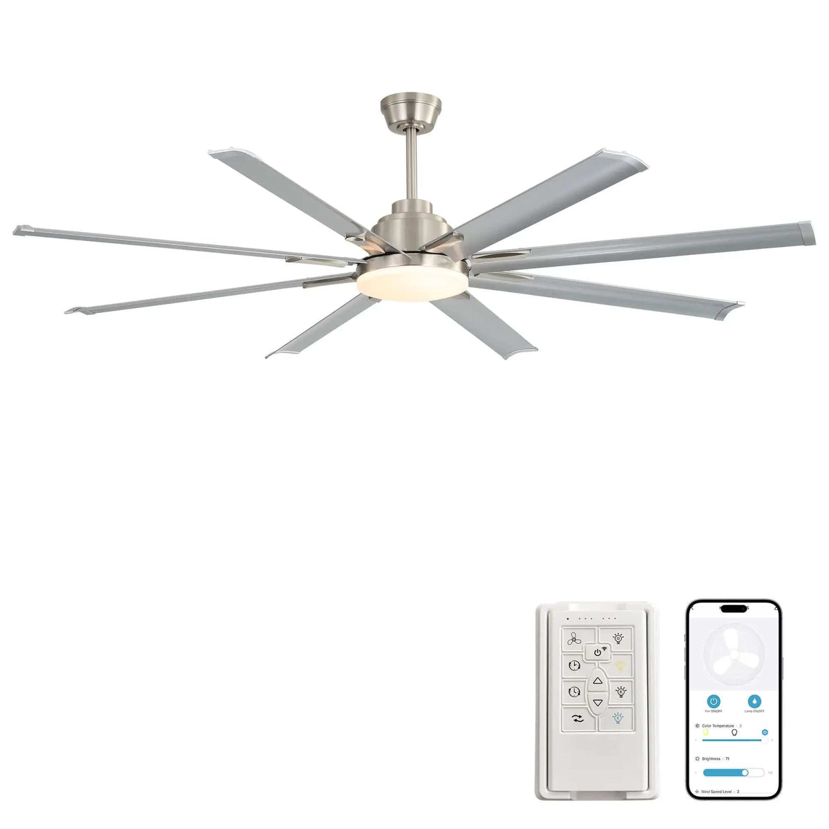DC Motor Ceiling Fan With Dimmable Light And 8 Blade Aluminum Blades Nickel | 84 x 84 x 10.55 in | Aluminum | Home