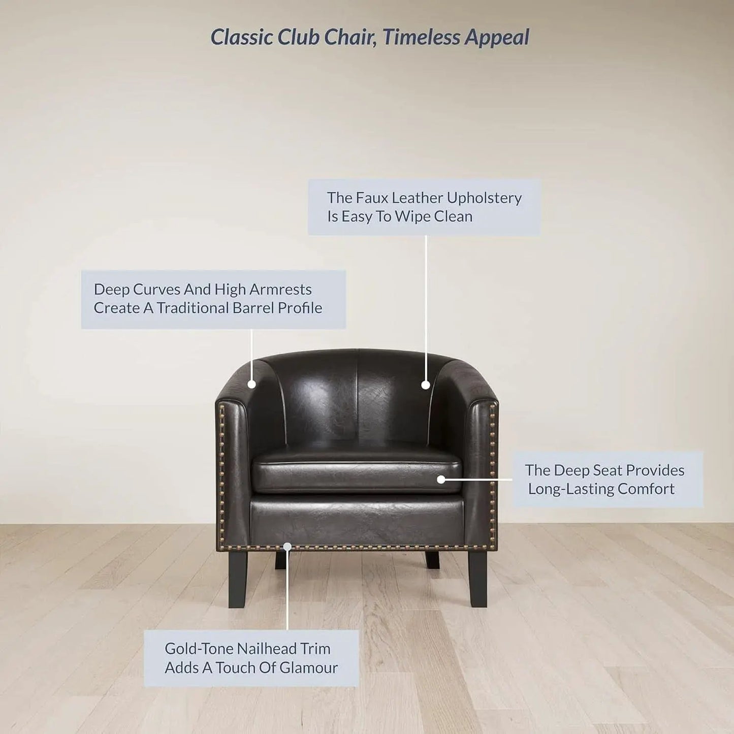 Espresso Brown Faux Leather Barrel Chair Nailhead Trim from PriceLows™