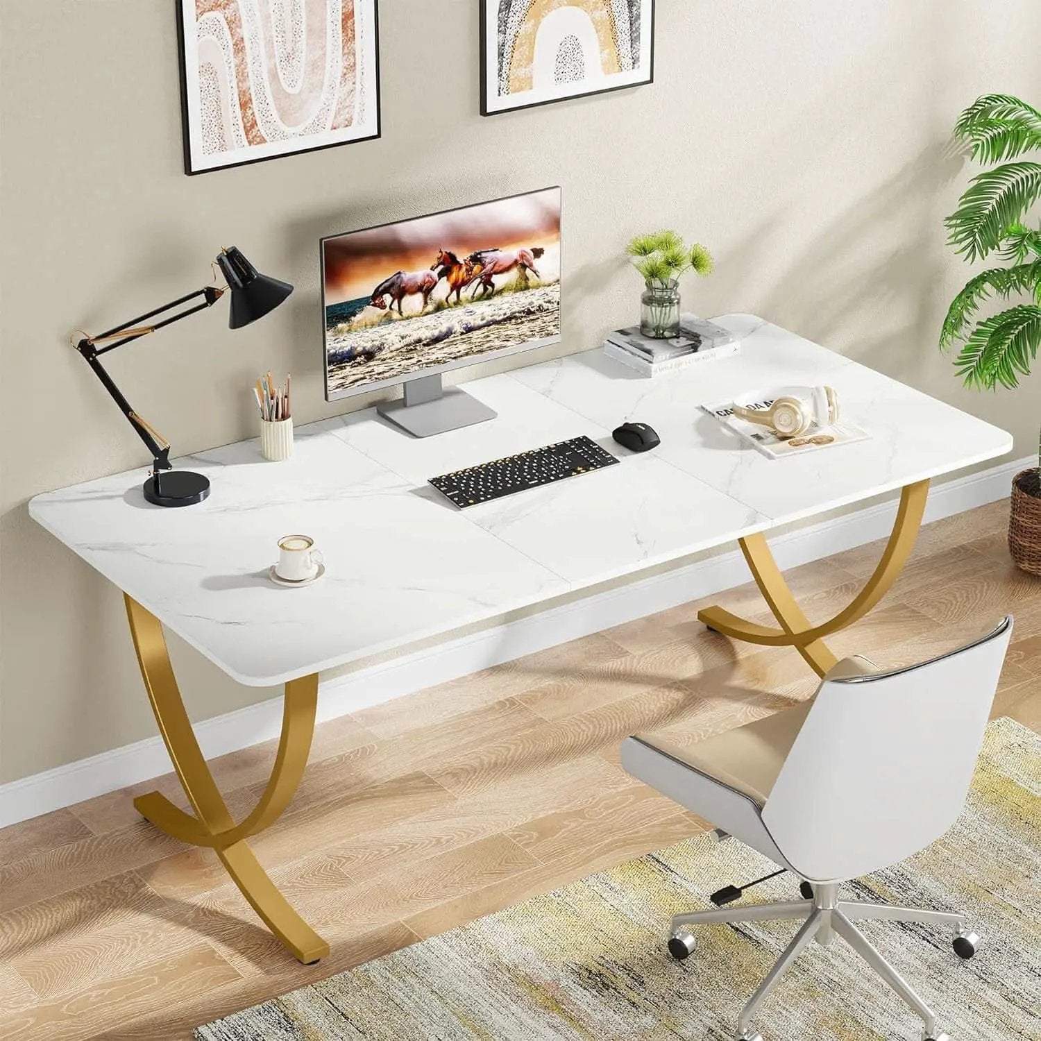 Executive Desk 63W X 31.5D White And Gold Computer Desk from PriceLows™