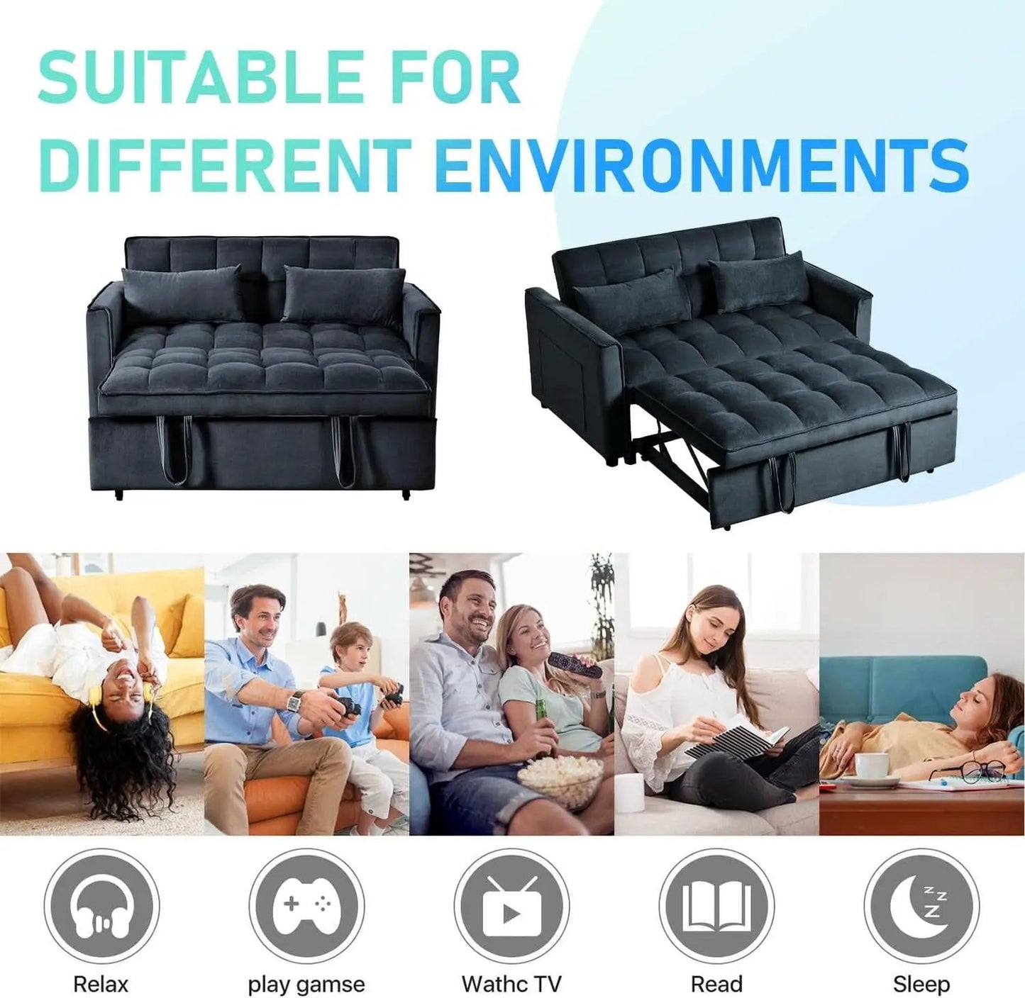 Black Velvet Convertible Sleeper Sofa Bed Luxurious from PriceLows™