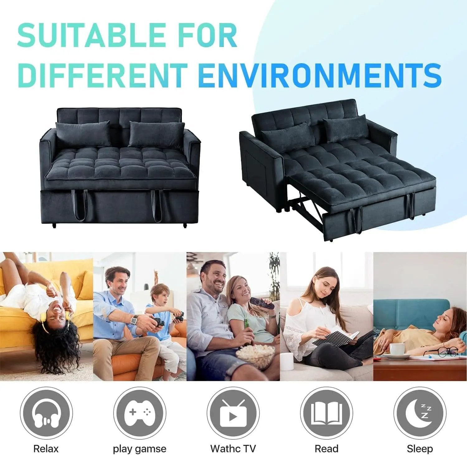 Black Velvet Convertible Sleeper Sofa Bed Luxurious from PriceLows™