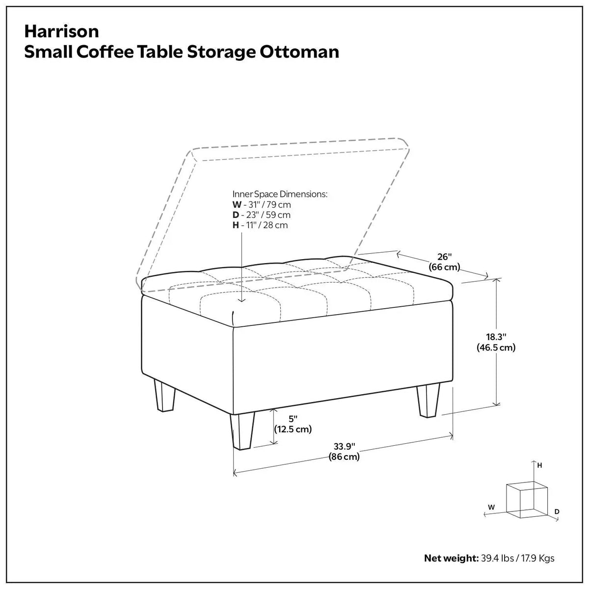 Coffee Table Storage Ottoman | Lift Top Hinge | Solid Wood Base | Large Square