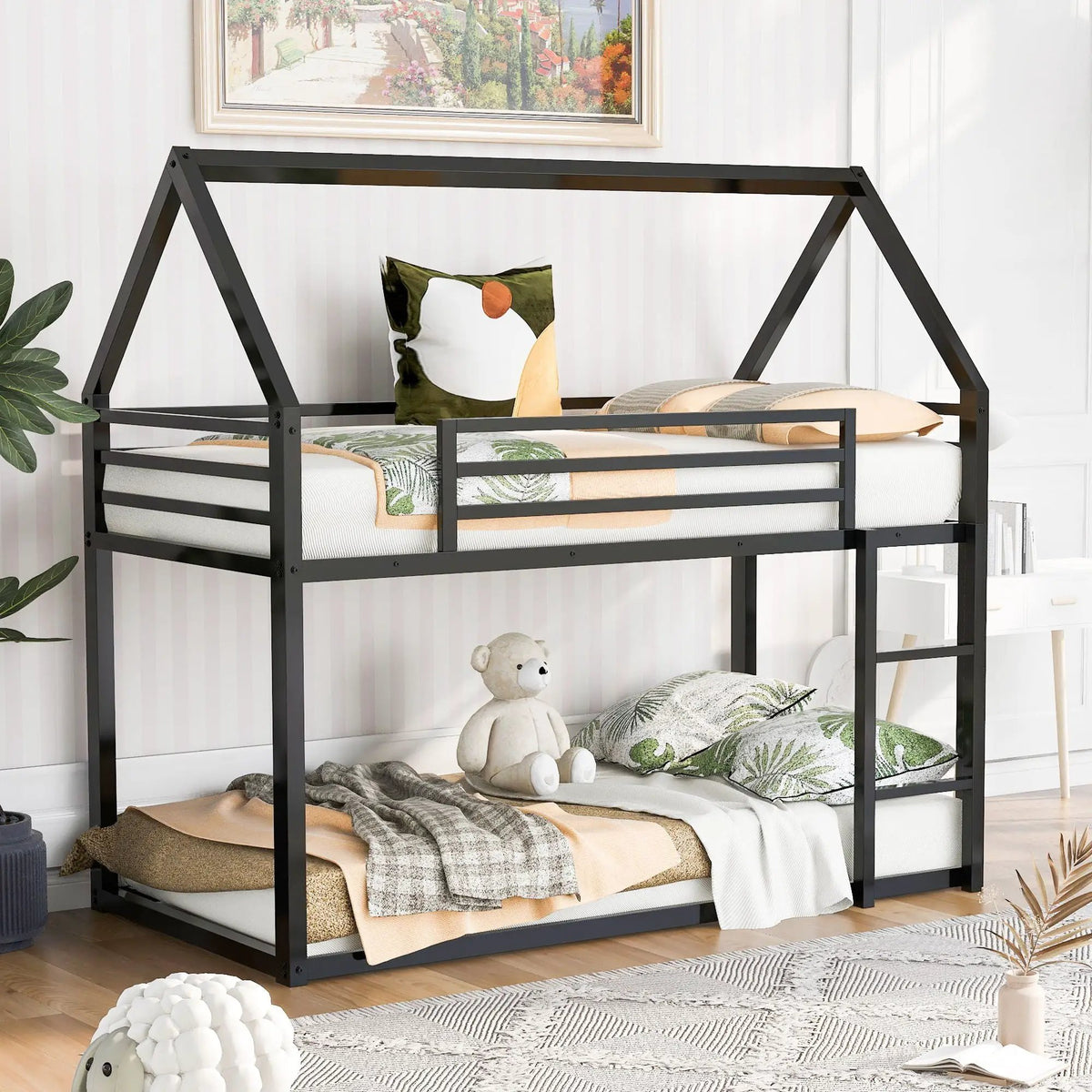 House Bunk Bed | With Built In Slide | Solid Metal Frame | Twin Over Twin