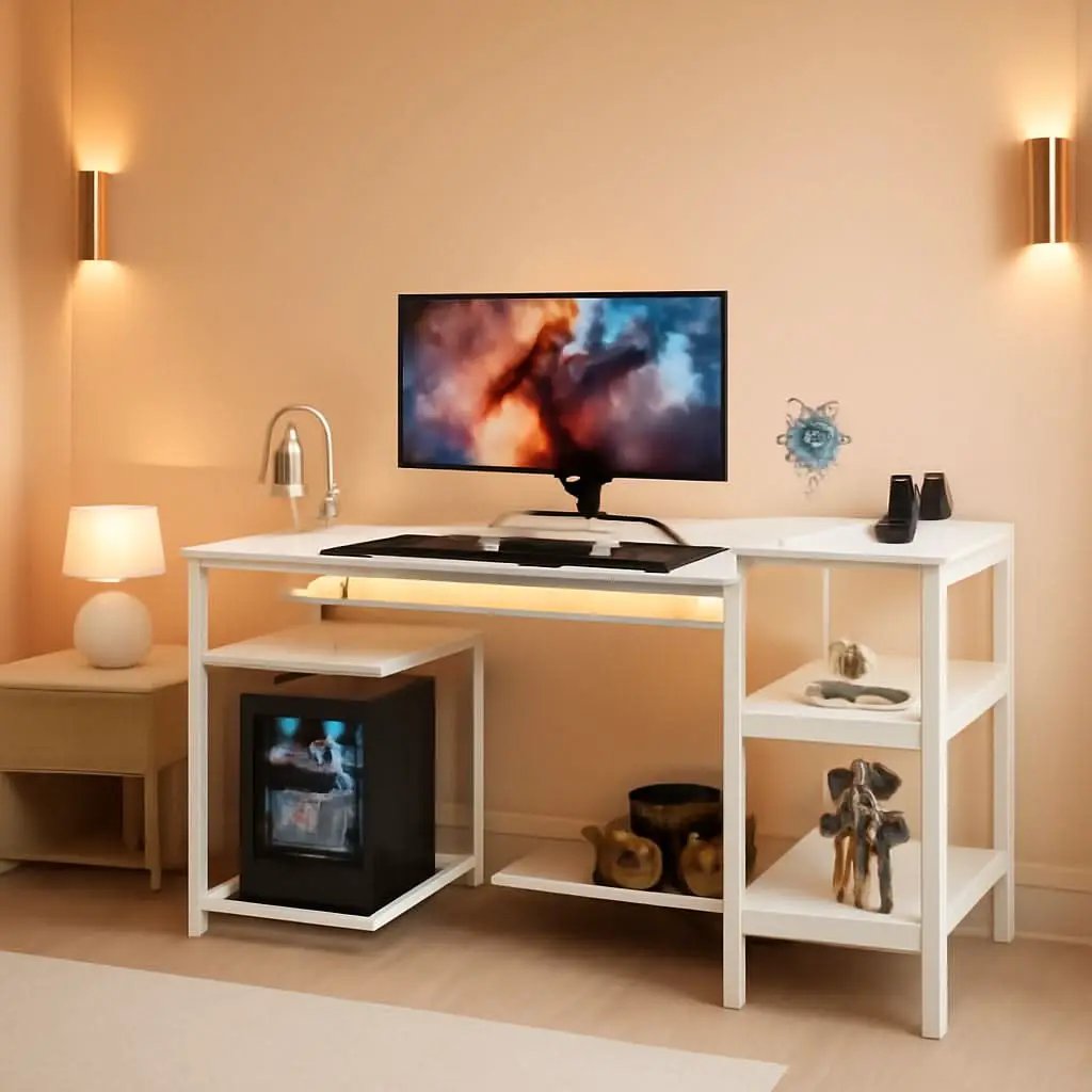47 Inch White L Shaped Desk With LED Power Drawer Unit from PriceLows™