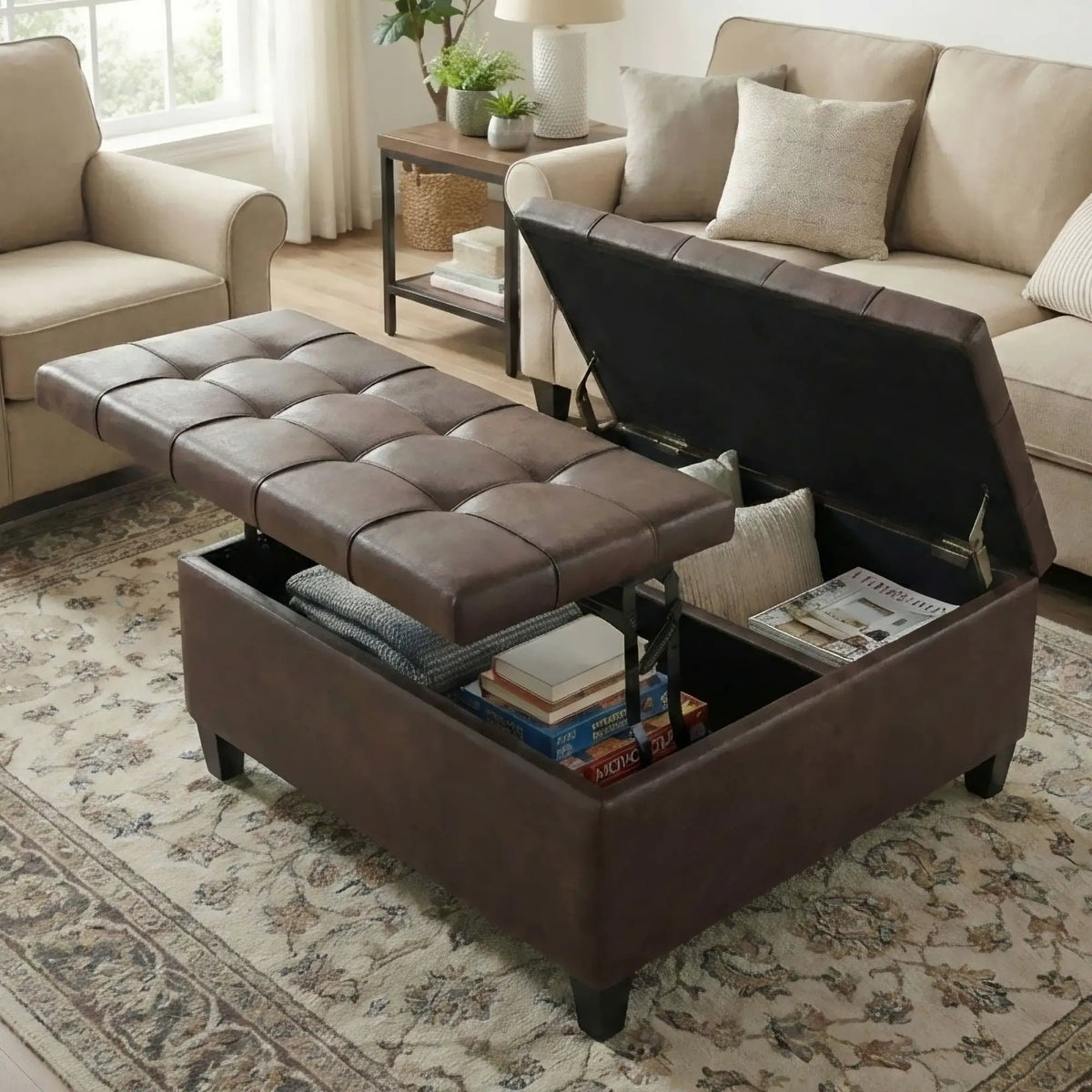 Harrison Large Coffee Table Storage Ottoman | Split Lift-Up Top | Square Design | 36 Inch Width