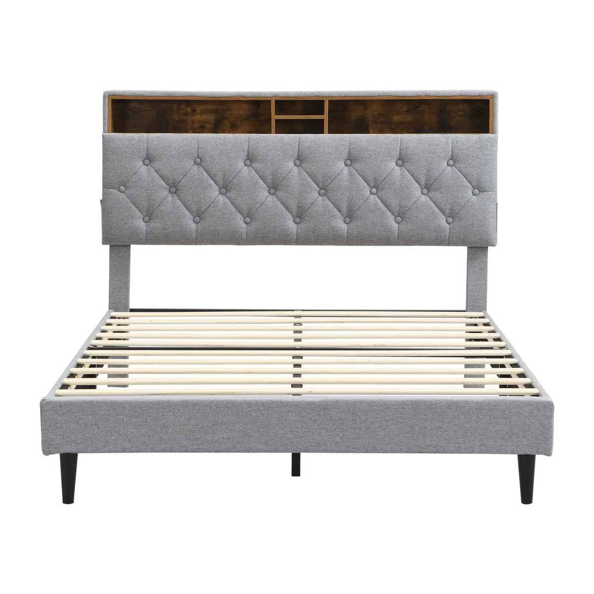 Upholstered Platform Bed Frame | Button Tufted Headboard | Two Storage Compartments | USB Ports And Outlets