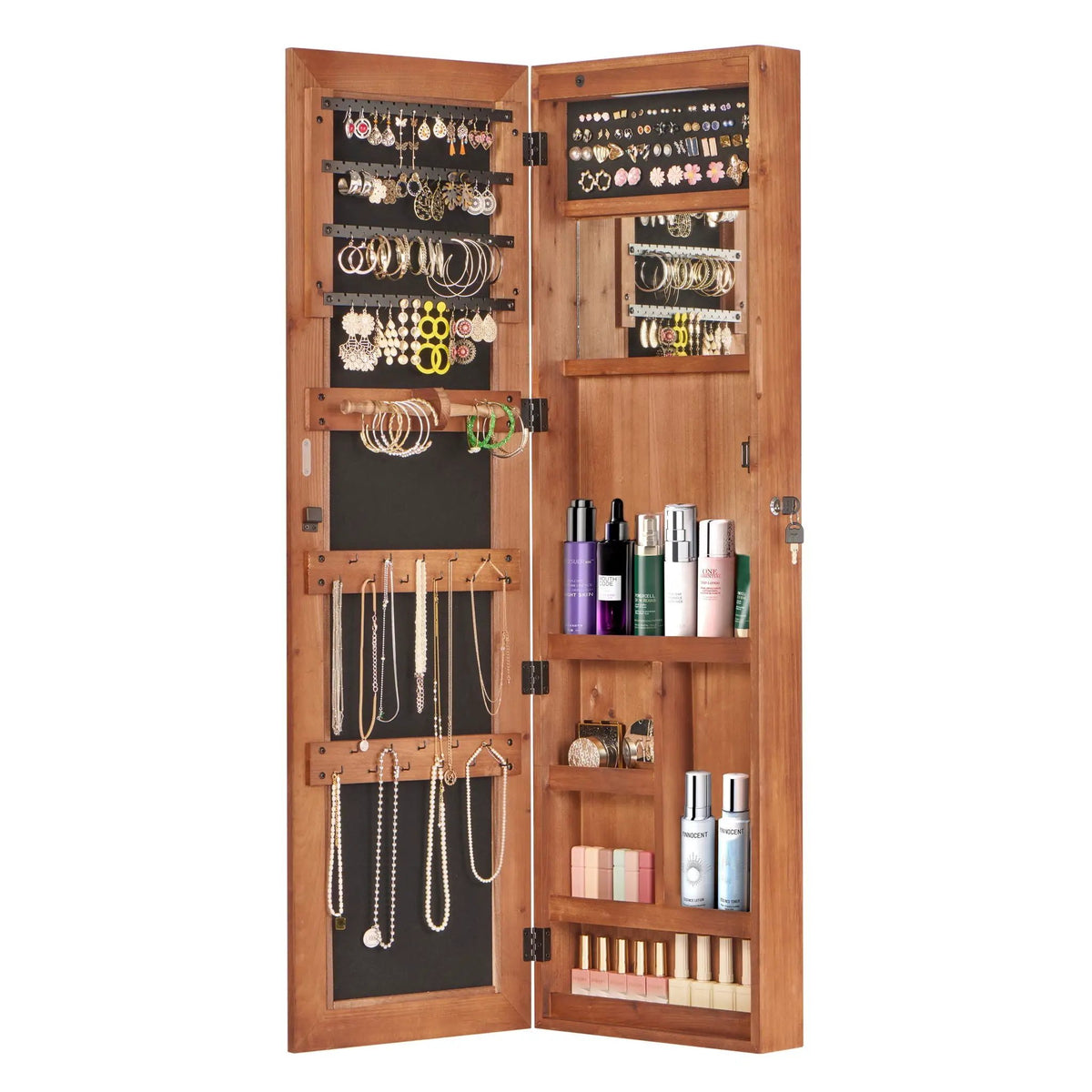 Jewelry Armoire With Full Length Mirror | Lockable Wall Mounted Cabinet | LED Light | Over The Door Use