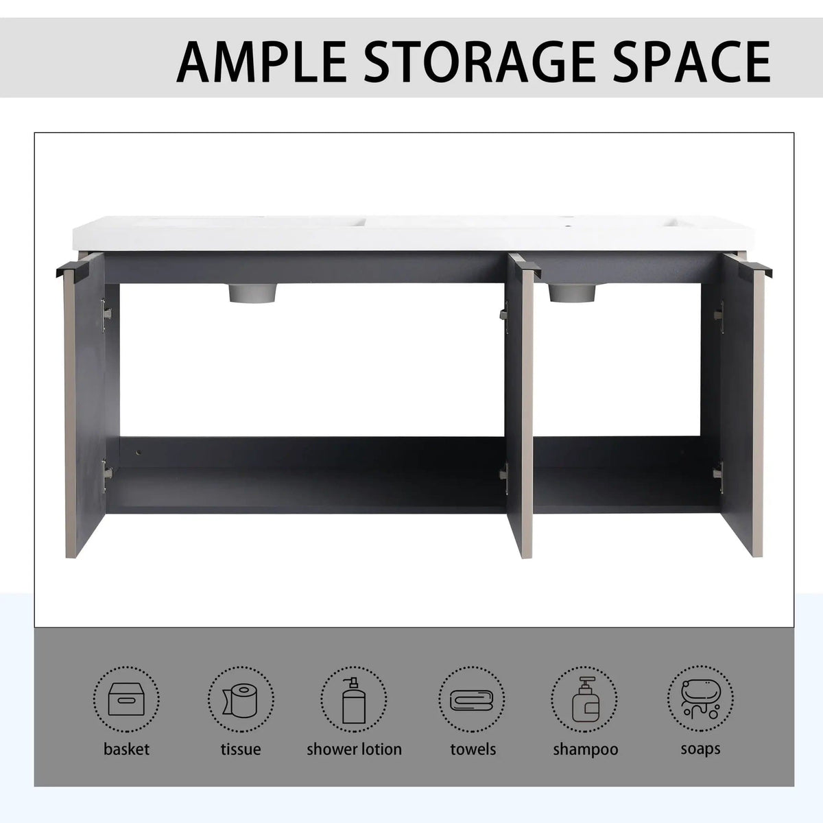 Contemporary Wall Mounted Bathroom Vanity With Resin Double Sink | 6 Pieces | Metal & Plywood | Bathroom