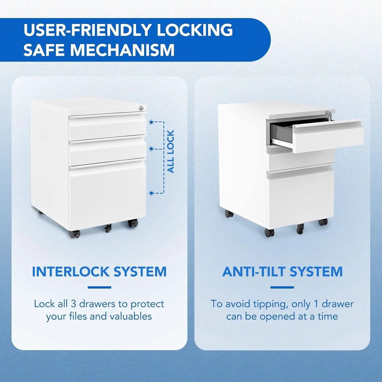 Three Drawer Mobile File Cabinet Under Desk White With Locking System For Legal Letter A4 Files from PriceLows™
