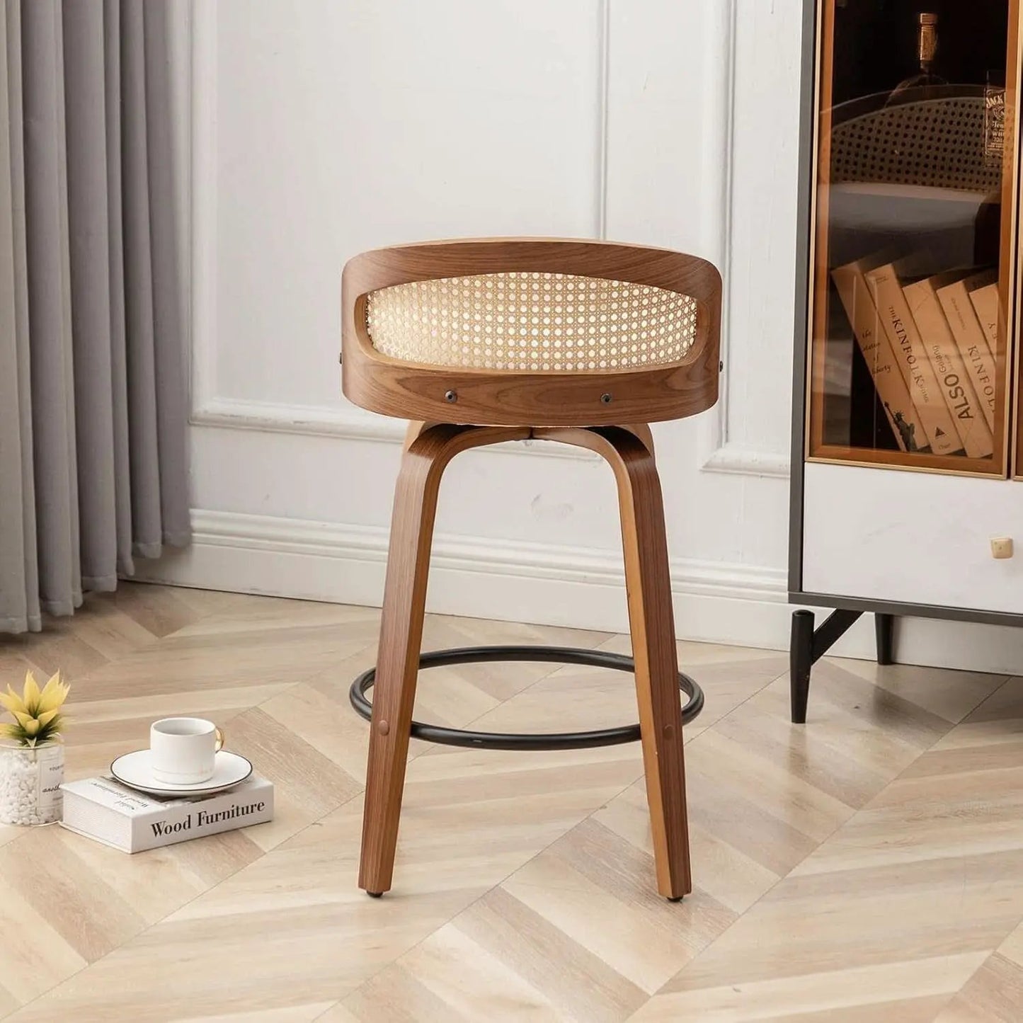 Set Of Two 25 Inch Beige Rattan Swivel Counter Stools With Linen Upholstery Mid Century Modern from PriceLows™